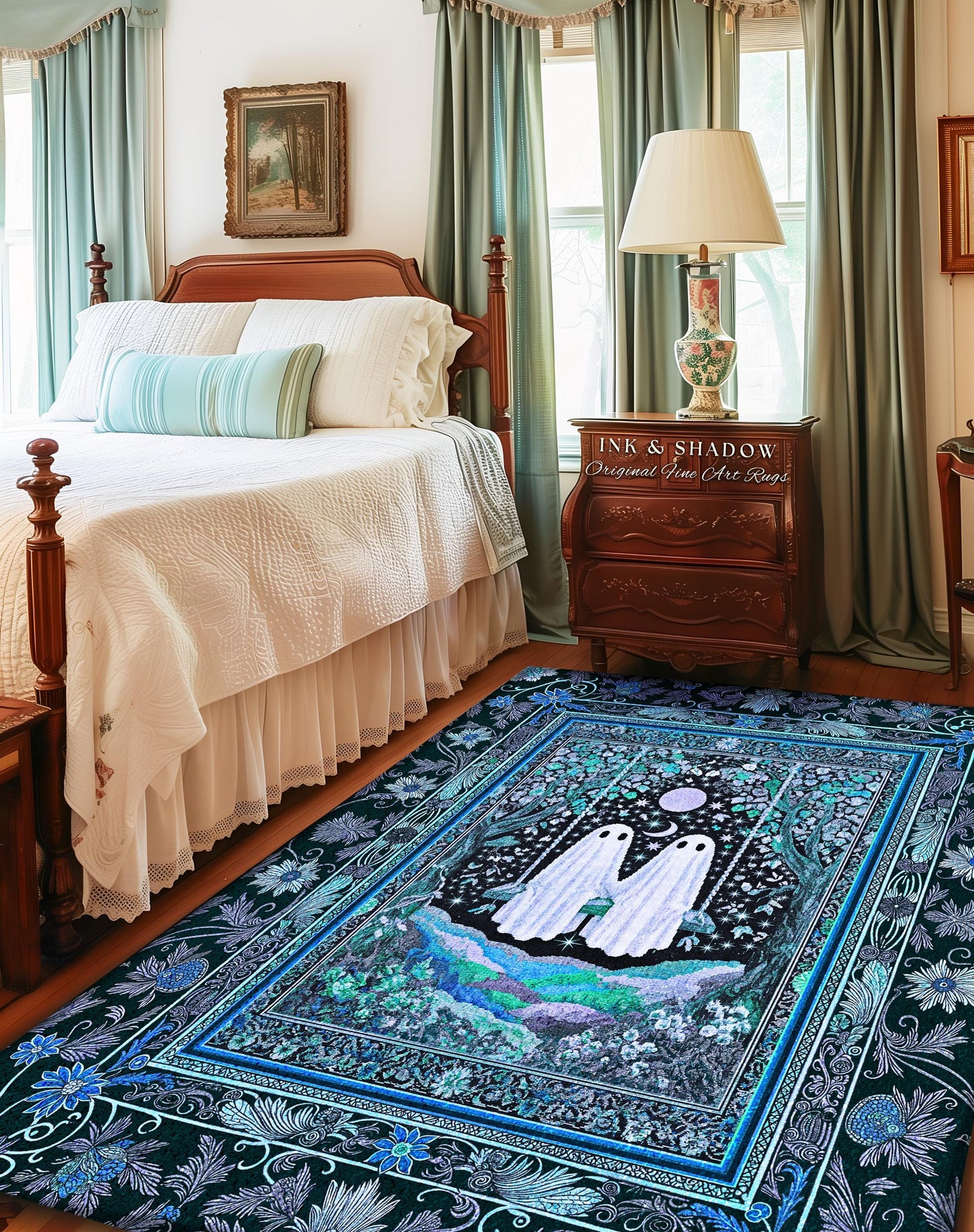 Teal Moonight Witchy Ghost Area Rug | Mystical Forest Bedroom Accent Halloween Decor Folklore-Inspired Floral Gothic Whimsigothic Style Rug