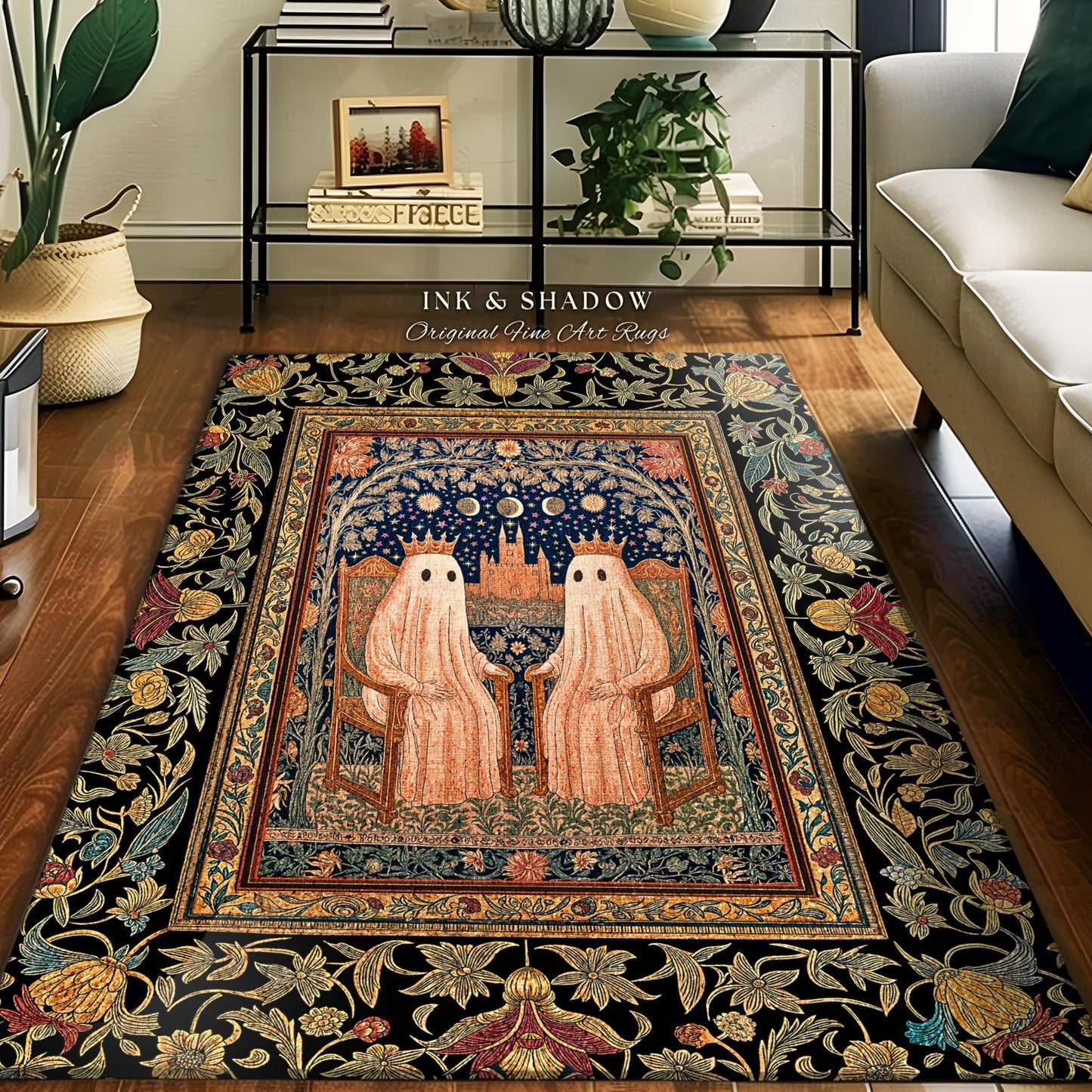 Gothic Celestial Ghost Couple Area Rug | Gothic Decor Dark Academia Style Spooky Cute Haunted Botanical Aesthetic Whimsigoth Witchy Bedroom