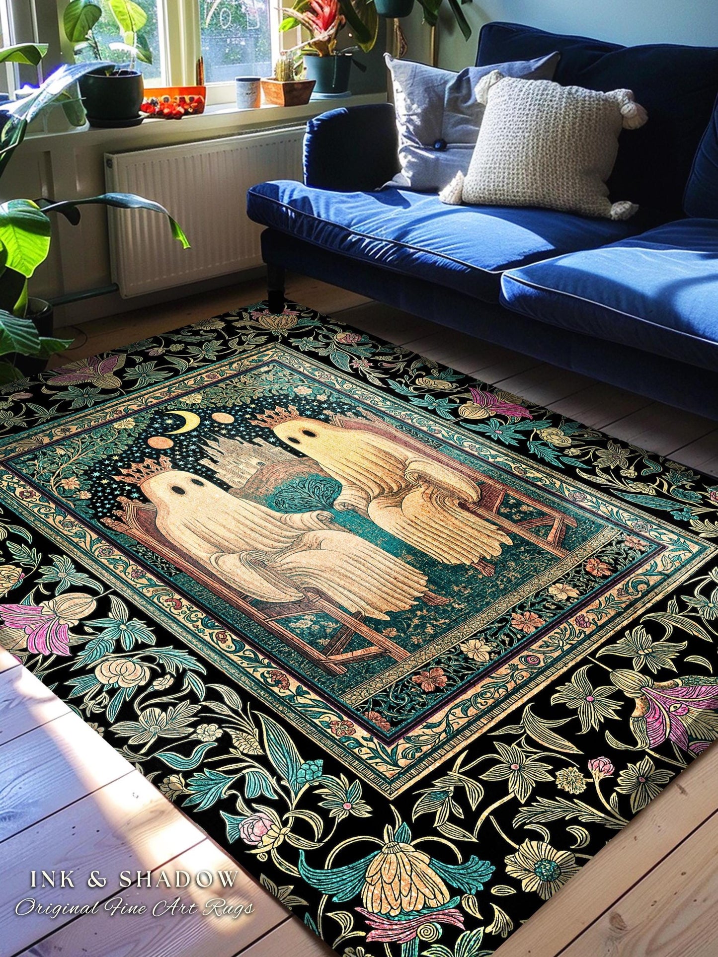 Victorian Gothic Lovers Area Rug | Eclectic Bedroom Dark Academia Style Decor Haunted Forest Theme Halloween Accent Whimsigothic Botanical