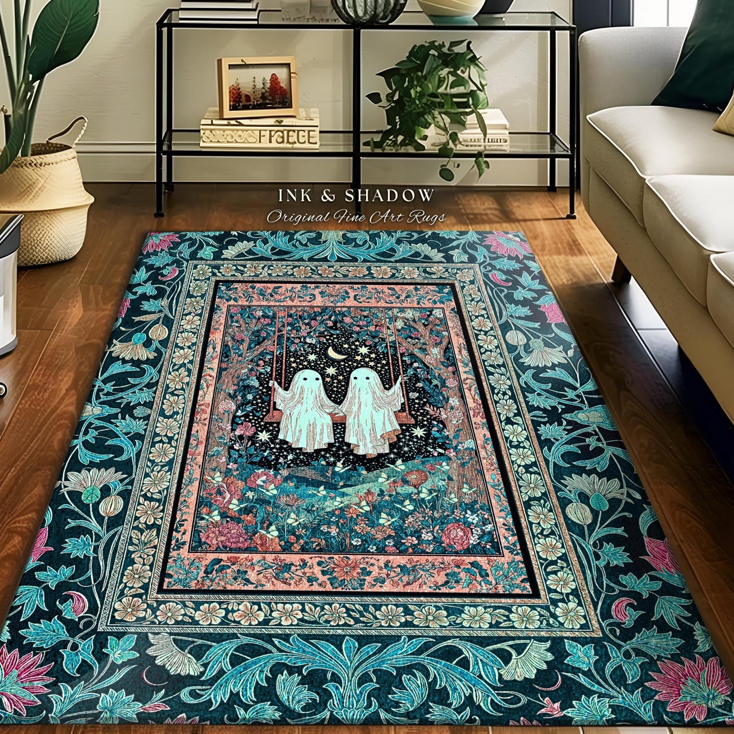 Starlit Ghost Swing Moody Area Rug | Celestial Bedroom Decor Autumn Aesthetic Dark Forest Gothic Accent Witchcore Cottagecore Fairytale Art