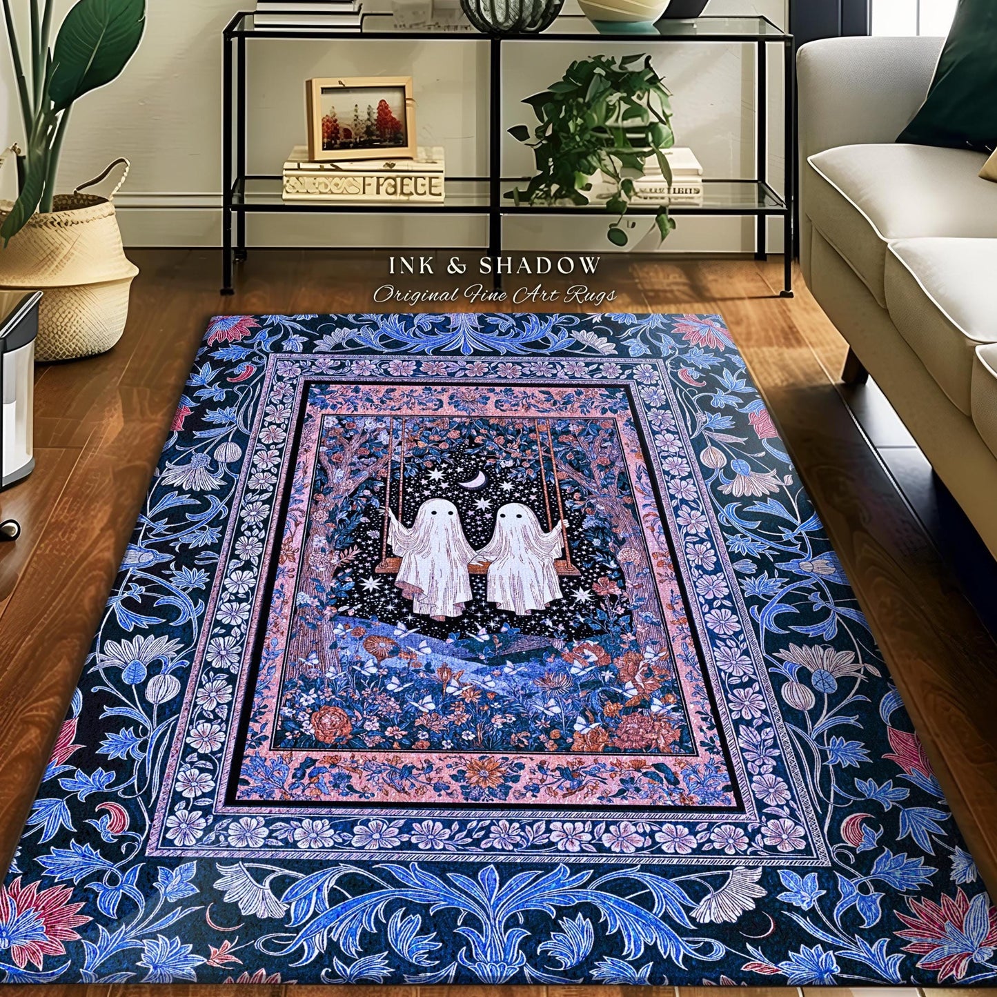 Midnight Magic Ghosts Area Rug | Enchanted Forest Bedroom Moody Accent Pastel Folklore-Inspired Whimsigoth Halloween Style Romantic Decor |