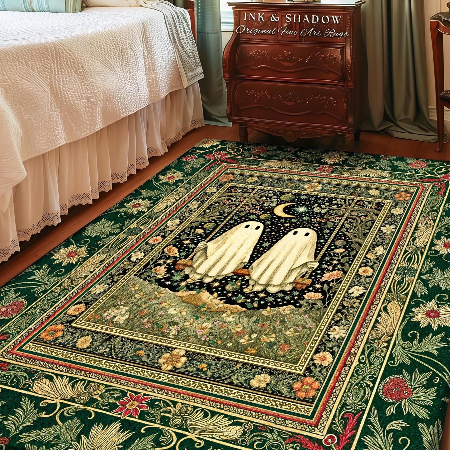Golden Enchantment Floral Ghost Rug | Gothic Lovers Area Rug Gothic Bedroom Accent 'Til Death do us Part Mystical Decor Botanical Garden |