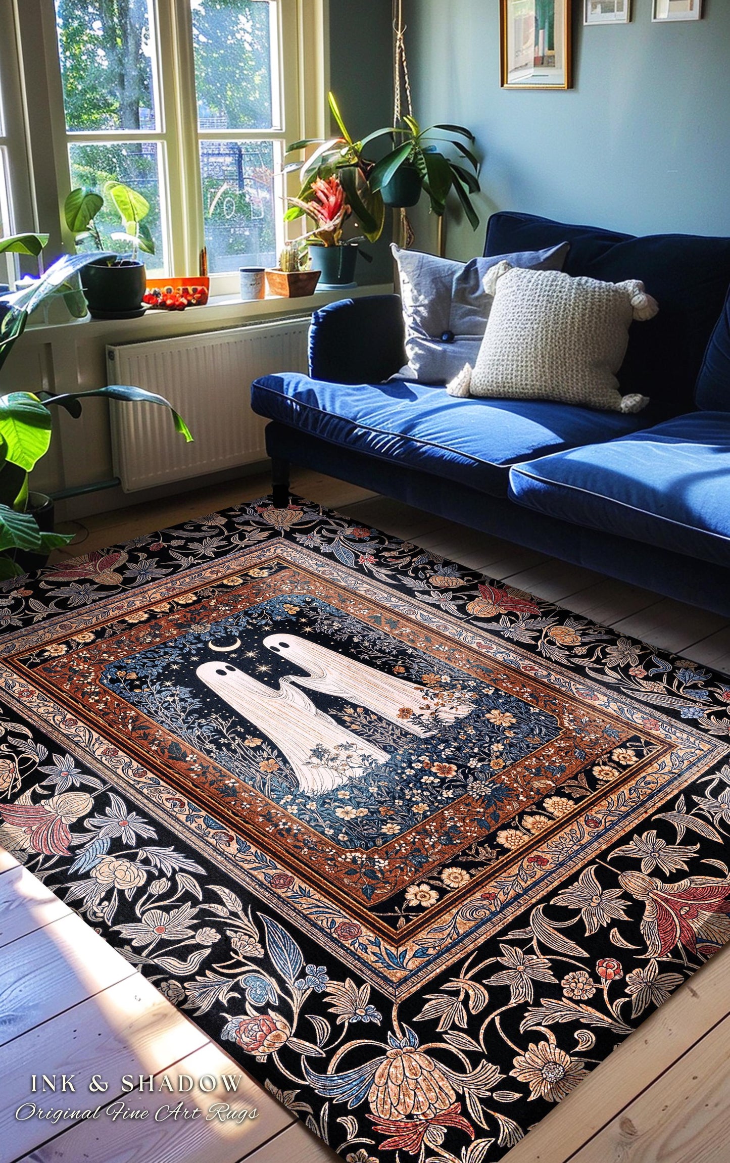 Cute Moonlit Botanical Ghost Area Rug | Whimsical Cottagecore Gothic Bedroom Decor Mystical Fall Accent Witchy Floral Enchanted Aesthetic |