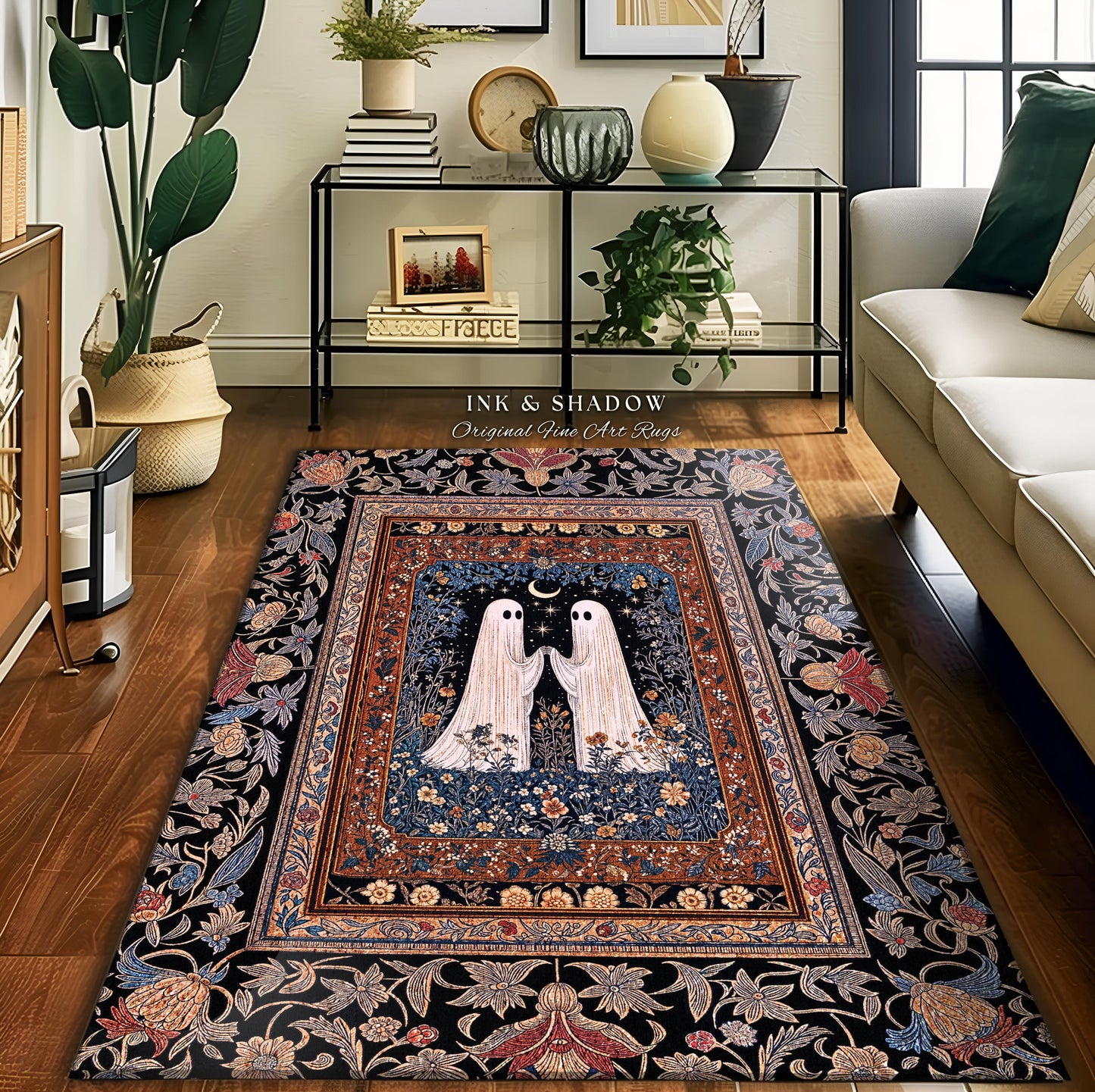 Cute Moonlit Botanical Ghost Area Rug | Whimsical Cottagecore Gothic Bedroom Decor Mystical Fall Accent Witchy Floral Enchanted Aesthetic |