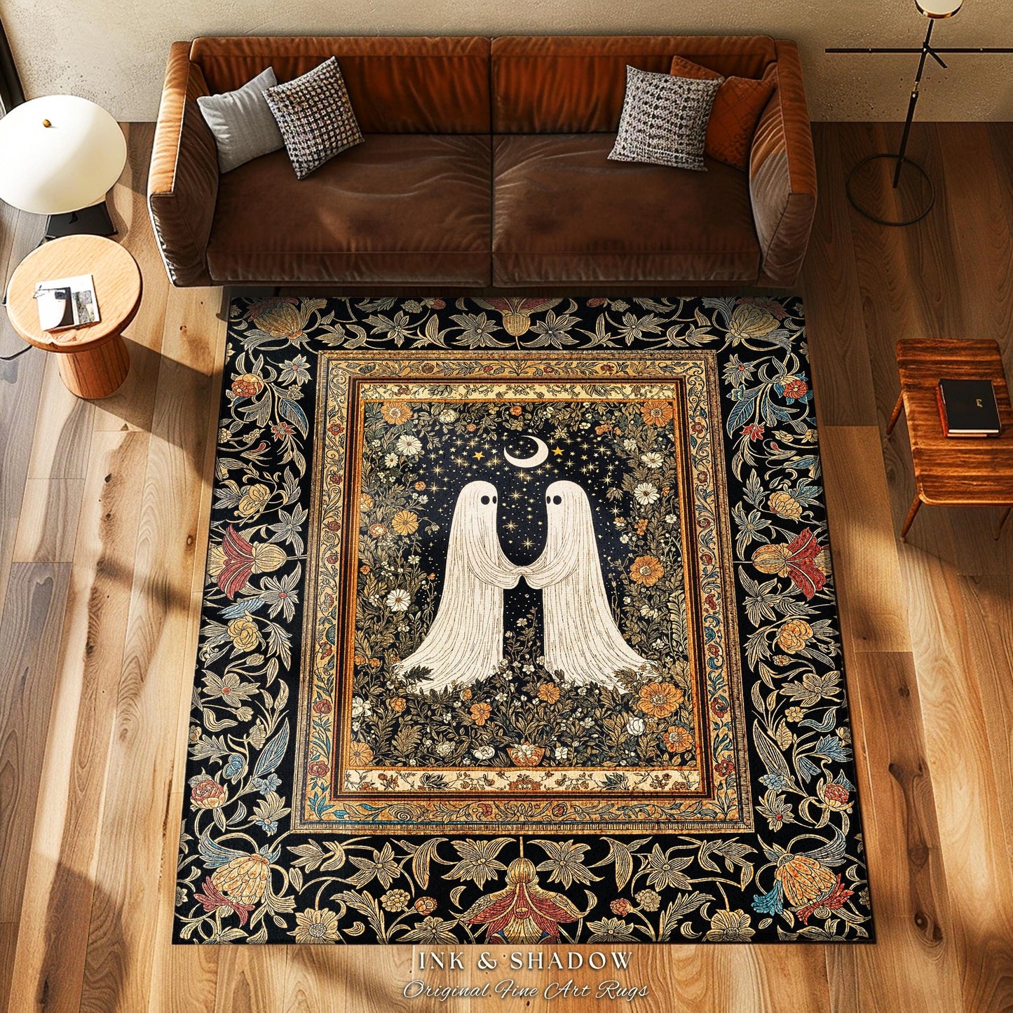 Celestial Starlit Lovers Area Rug | Celestial Cottagecore Halloween Ghost Accent Gothic Bedroom Decor Cozy Dark Floral Whimsigoth Aesthetic