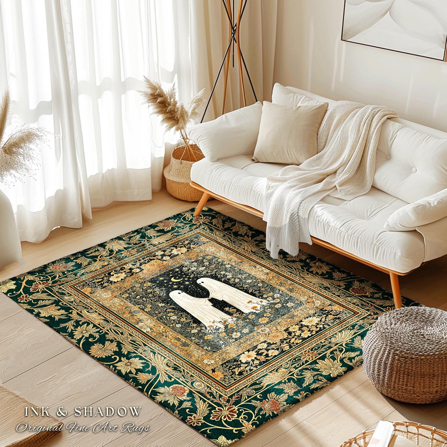 Golden Ornate Floral Ghost Rug | Cottagecore Gothic Decor Cozy Bedroom Accent Whimsical Rug Dark Academia Aesthetic Whimsigoth Home Style |