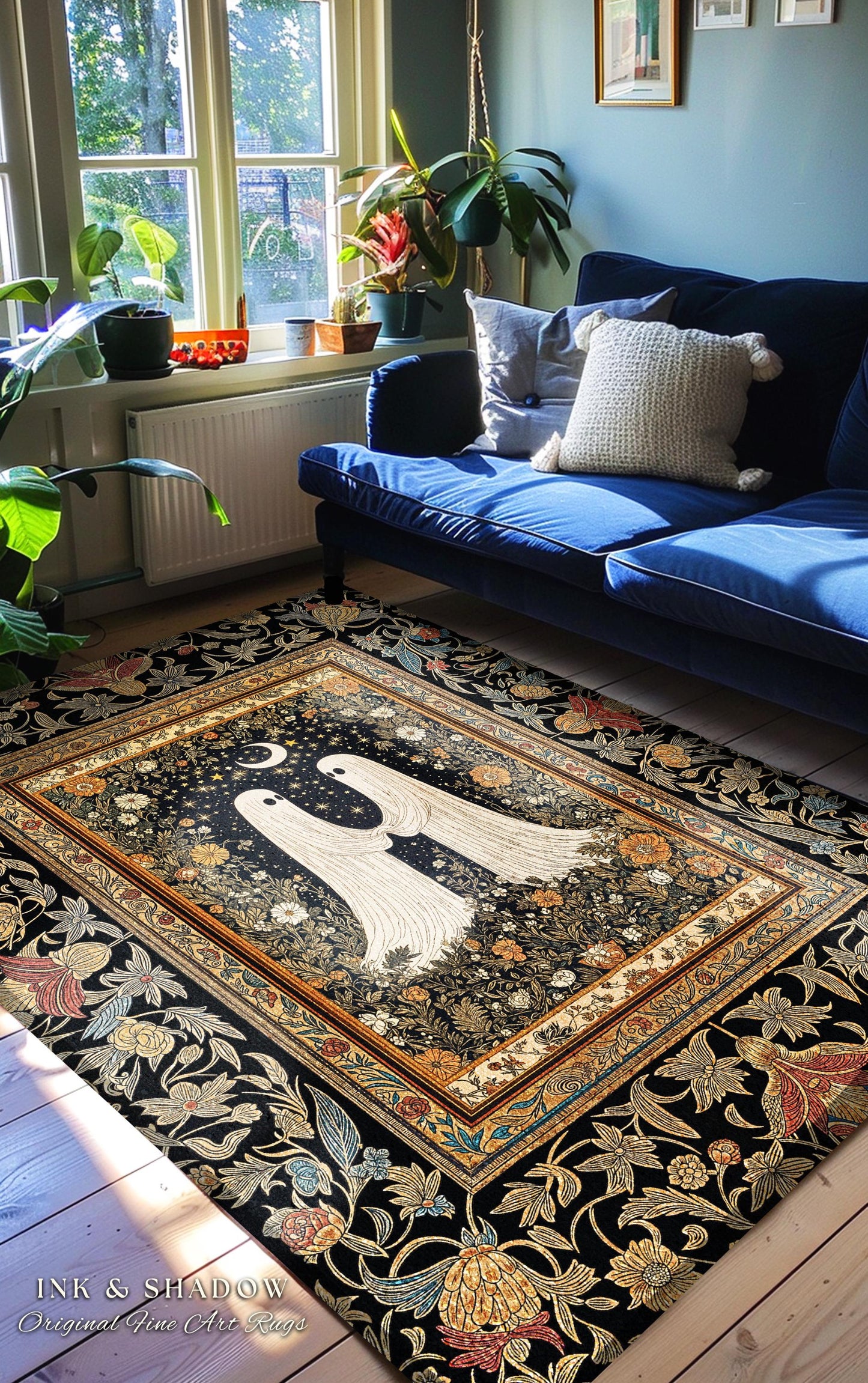 Celestial Starlit Lovers Area Rug | Celestial Cottagecore Halloween Ghost Accent Gothic Bedroom Decor Cozy Dark Floral Whimsigoth Aesthetic