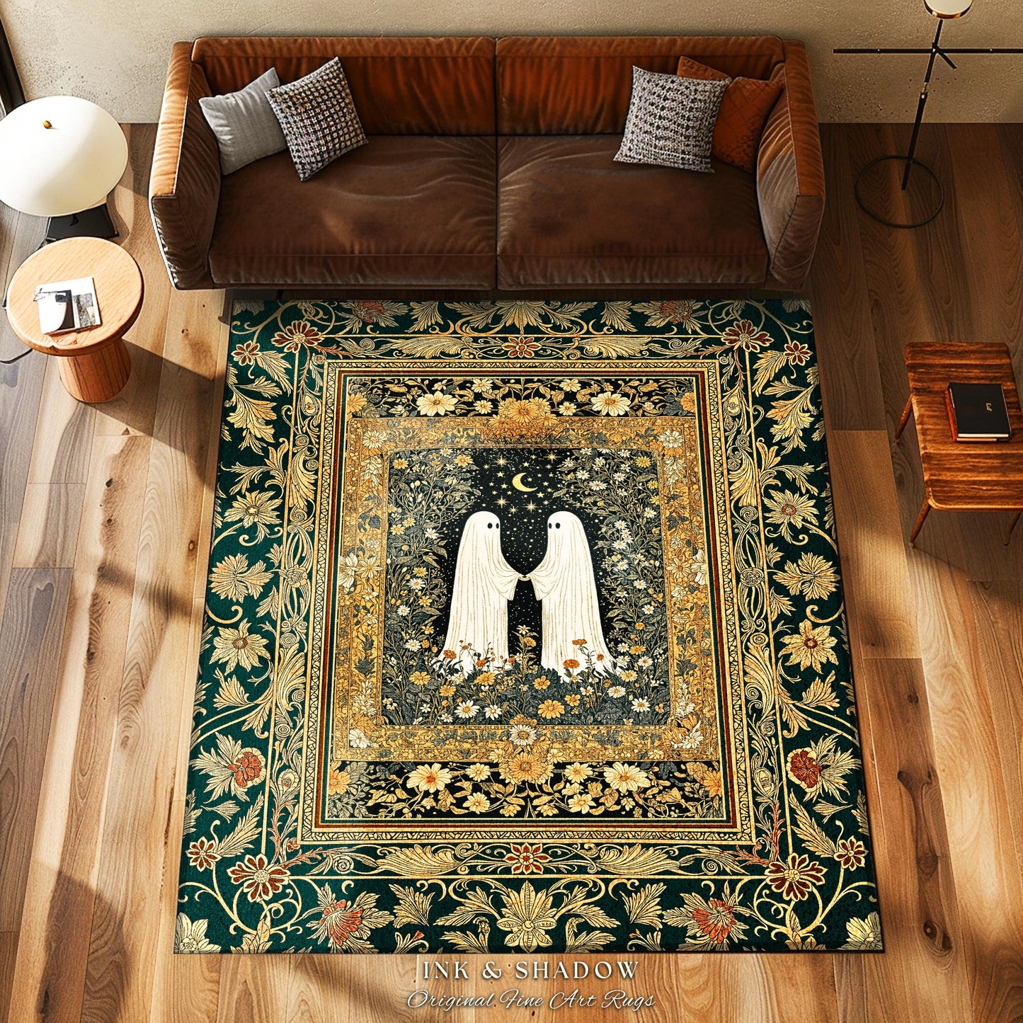Golden Ornate Floral Ghost Rug | Cottagecore Gothic Decor Cozy Bedroom Accent Whimsical Rug Dark Academia Aesthetic Whimsigoth Home Style |