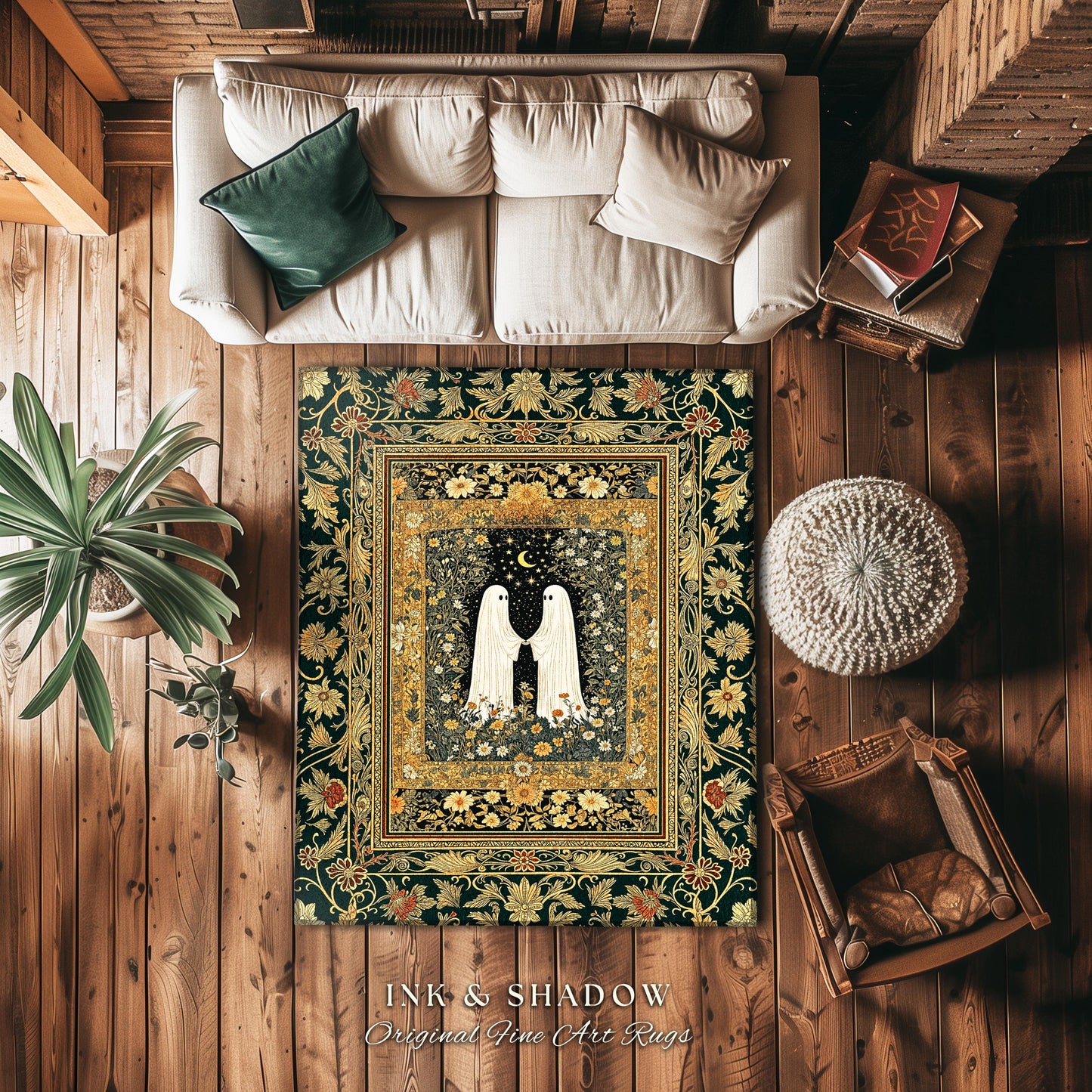 Golden Ornate Floral Ghost Rug | Cottagecore Gothic Decor Cozy Bedroom Accent Whimsical Rug Dark Academia Aesthetic Whimsigoth Home Style |