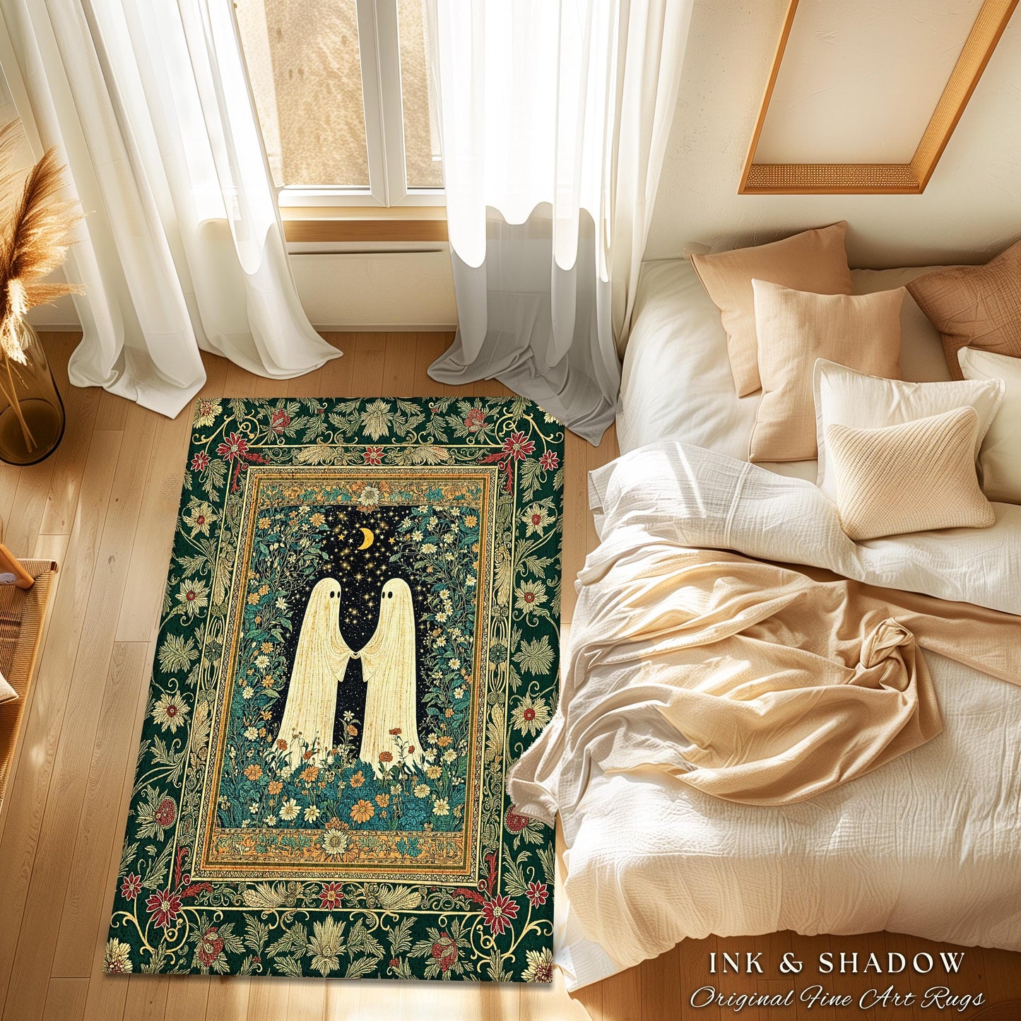Romantic Cozy Ghost Friends Area Rug | Celestial Cottagecore Witchy Decor Gothic Bedroom Accent Whimsigoth Aesthetic Folklore Inspired Rug |