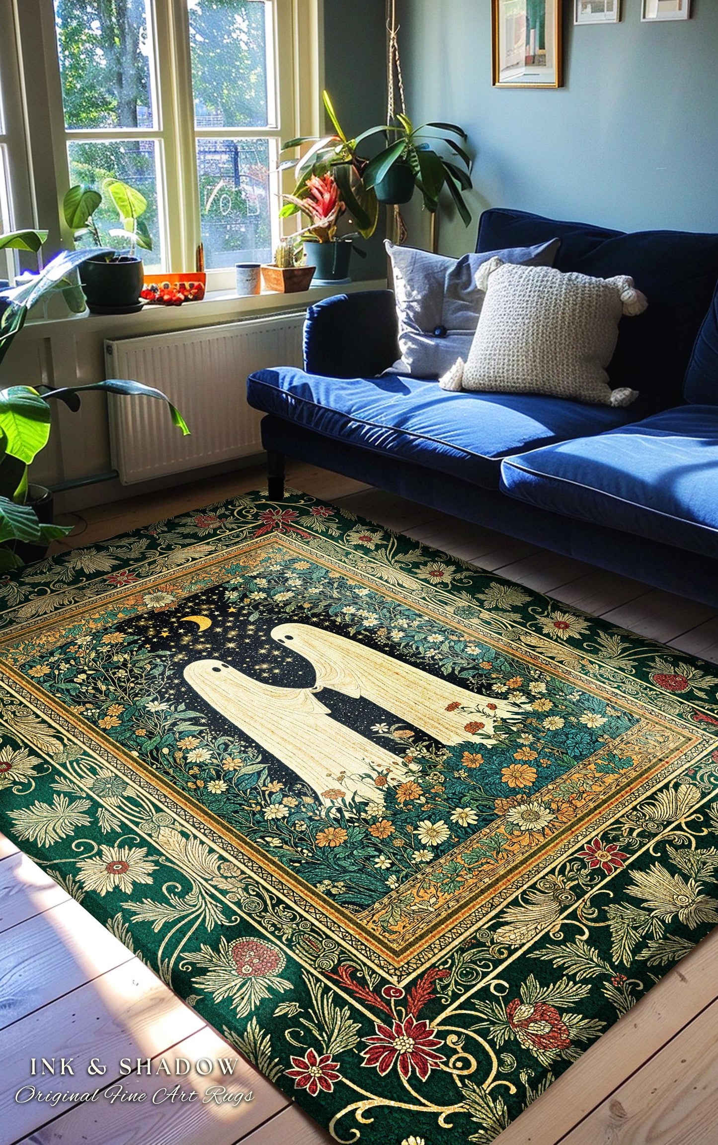Romantic Cozy Ghost Friends Area Rug | Celestial Cottagecore Witchy Decor Gothic Bedroom Accent Whimsigoth Aesthetic Folklore Inspired Rug |