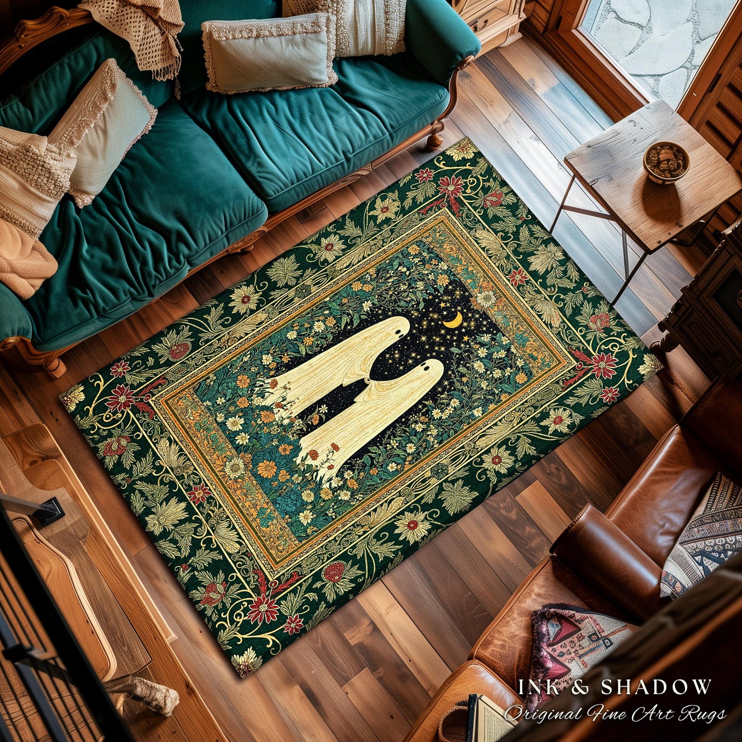 Romantic Cozy Ghost Friends Area Rug | Celestial Cottagecore Witchy Decor Gothic Bedroom Accent Whimsigoth Aesthetic Folklore Inspired Rug |
