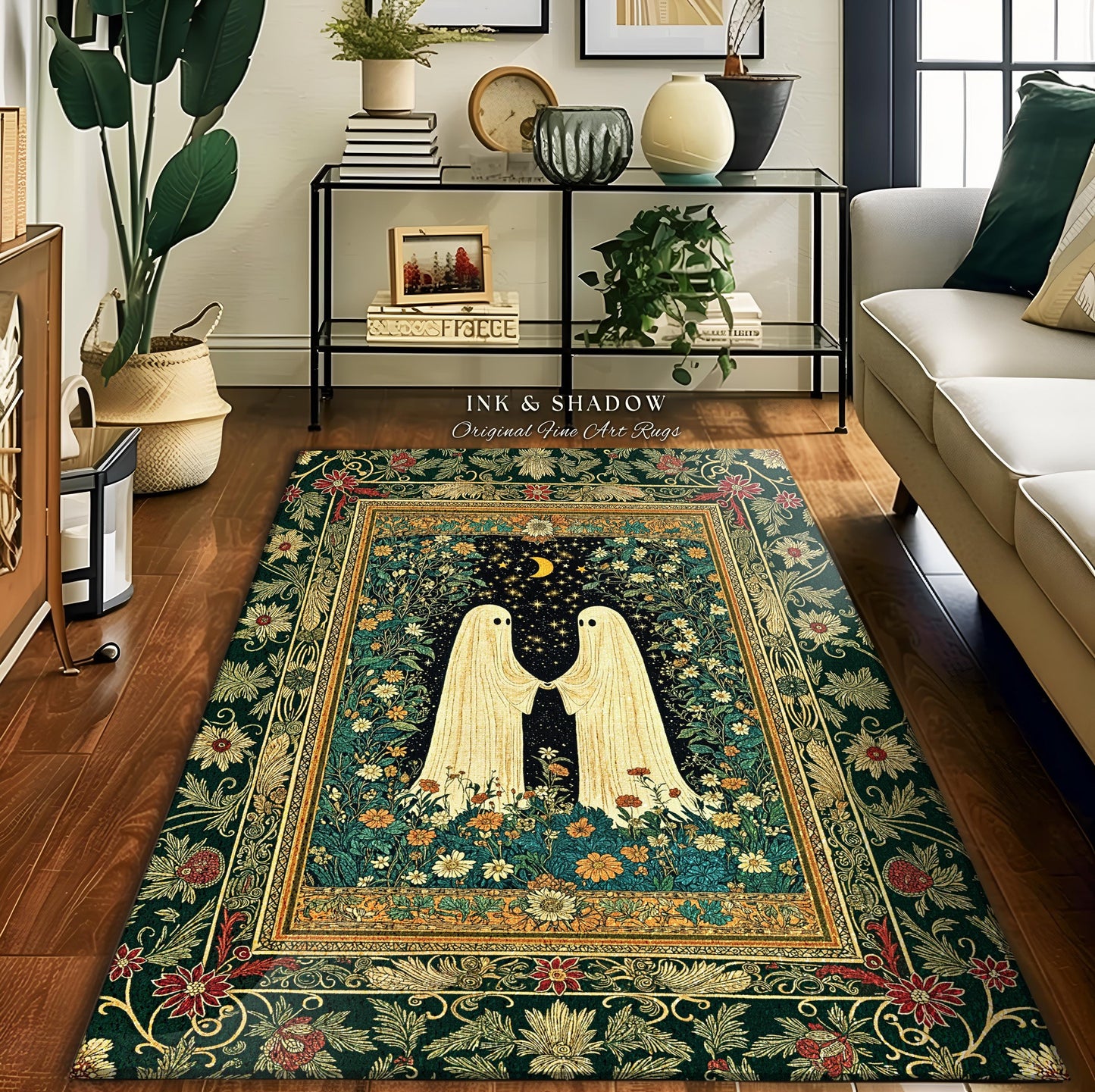 Romantic Cozy Ghost Friends Area Rug | Celestial Cottagecore Witchy Decor Gothic Bedroom Accent Whimsigoth Aesthetic Folklore Inspired Rug |