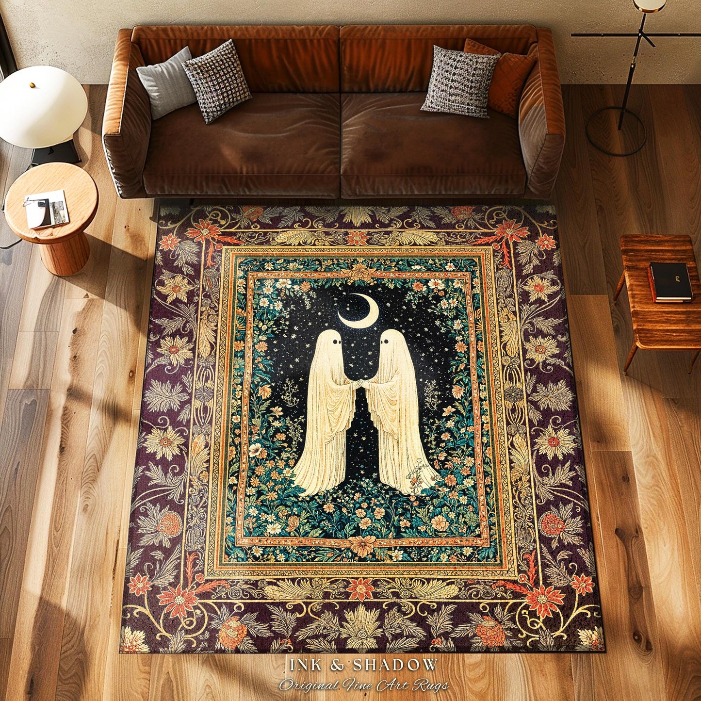 Crescent Moon Garden Ghosts Rug | Whimsical Cottagecore Bedroom Accent Haunted Decor Cozy Floral Whimsigoth Halloween Spirit Dark Academia |