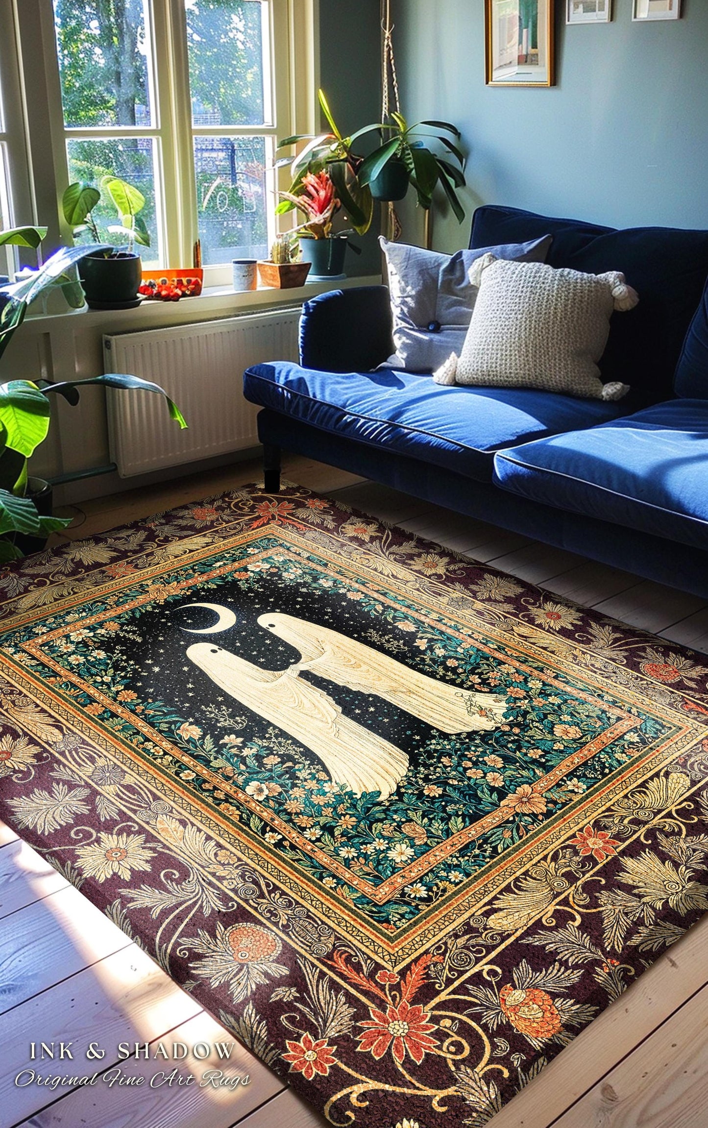 Crescent Moon Garden Ghosts Rug | Whimsical Cottagecore Bedroom Accent Haunted Decor Cozy Floral Whimsigoth Halloween Spirit Dark Academia |