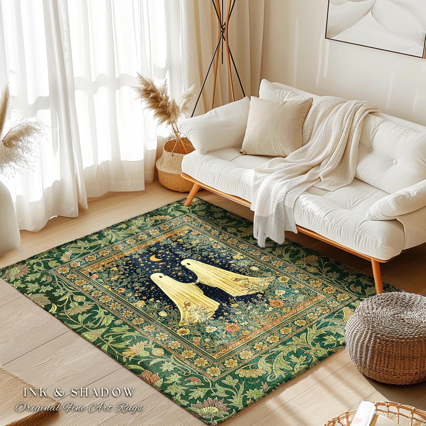 Haunted Meadow Ghost Area Rug | Cozy Cottagecore Bedroom Decor Floral Whimsigoth Cute Halloween Accent Enchanted Spirit Celestial Style Home