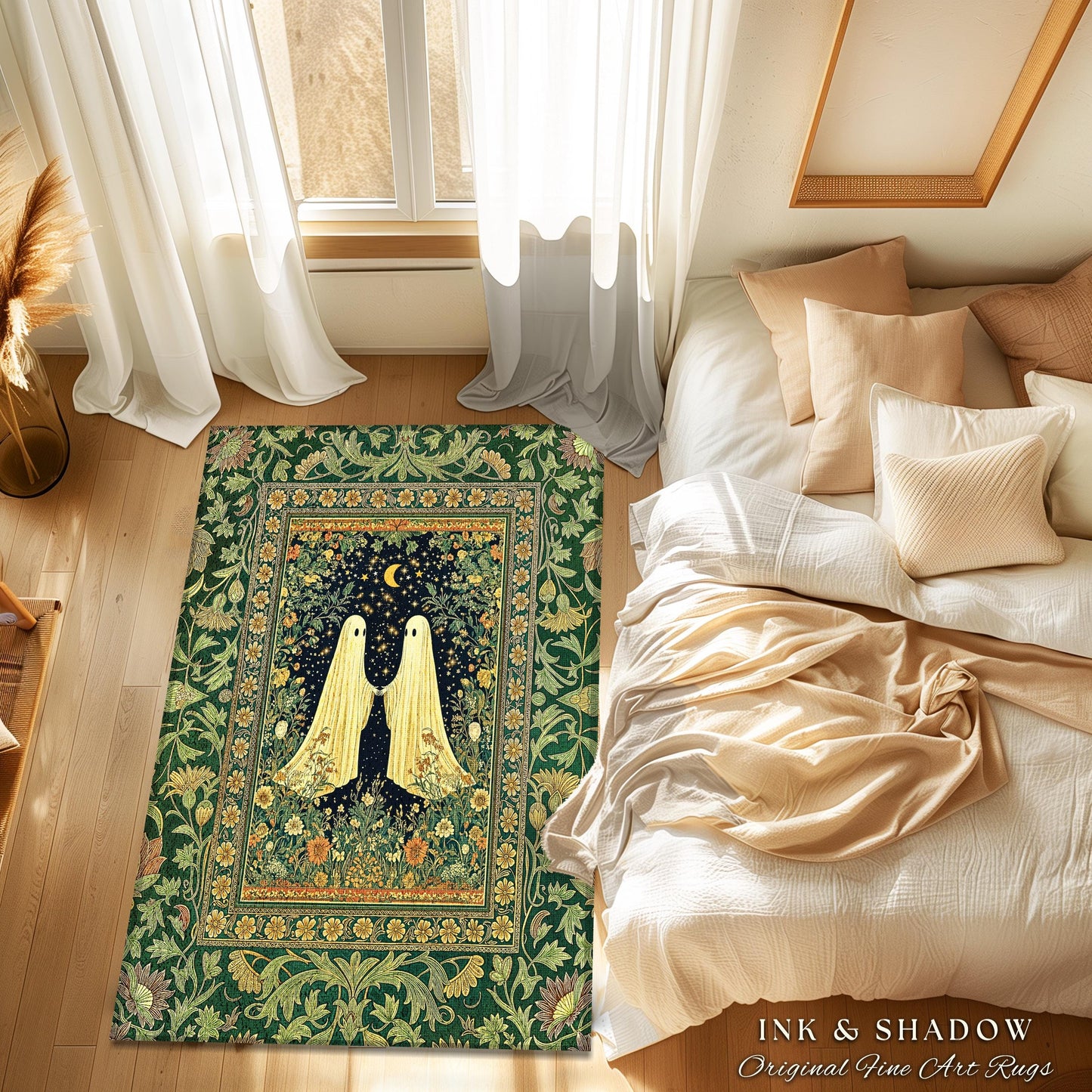 Haunted Meadow Ghost Area Rug | Cozy Cottagecore Bedroom Decor Floral Whimsigoth Cute Halloween Accent Enchanted Spirit Celestial Style Home