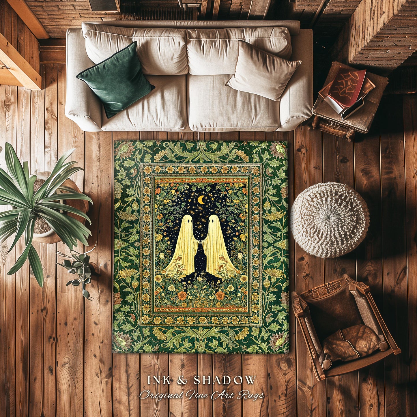 Haunted Meadow Ghost Area Rug | Cozy Cottagecore Bedroom Decor Floral Whimsigoth Cute Halloween Accent Enchanted Spirit Celestial Style Home