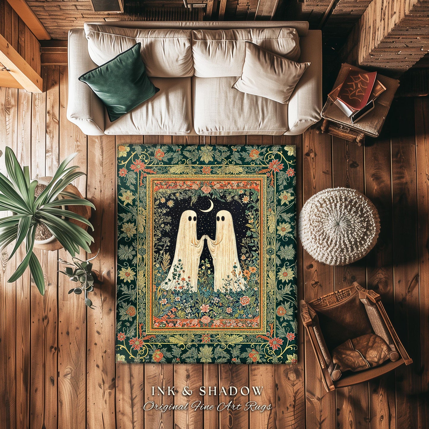 Wildflower Spirits Folklore Area Rug | Scandi Halloween Bedroom Decor Floral Whimsigoth Accent Enchanted Gothic Cozy Celestial Inspired Rug