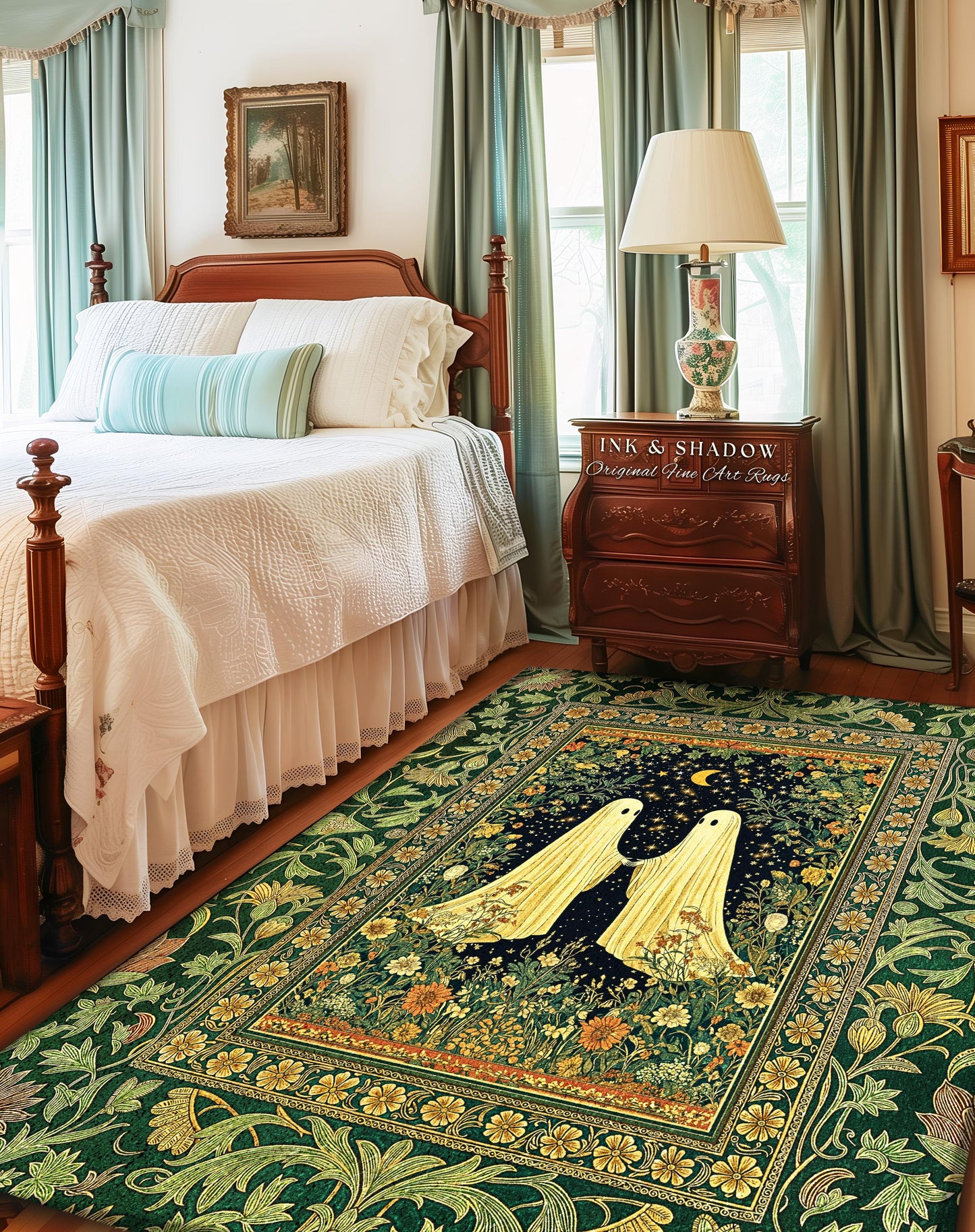 Haunted Meadow Ghost Area Rug | Cozy Cottagecore Bedroom Decor Floral Whimsigoth Cute Halloween Accent Enchanted Spirit Celestial Style Home