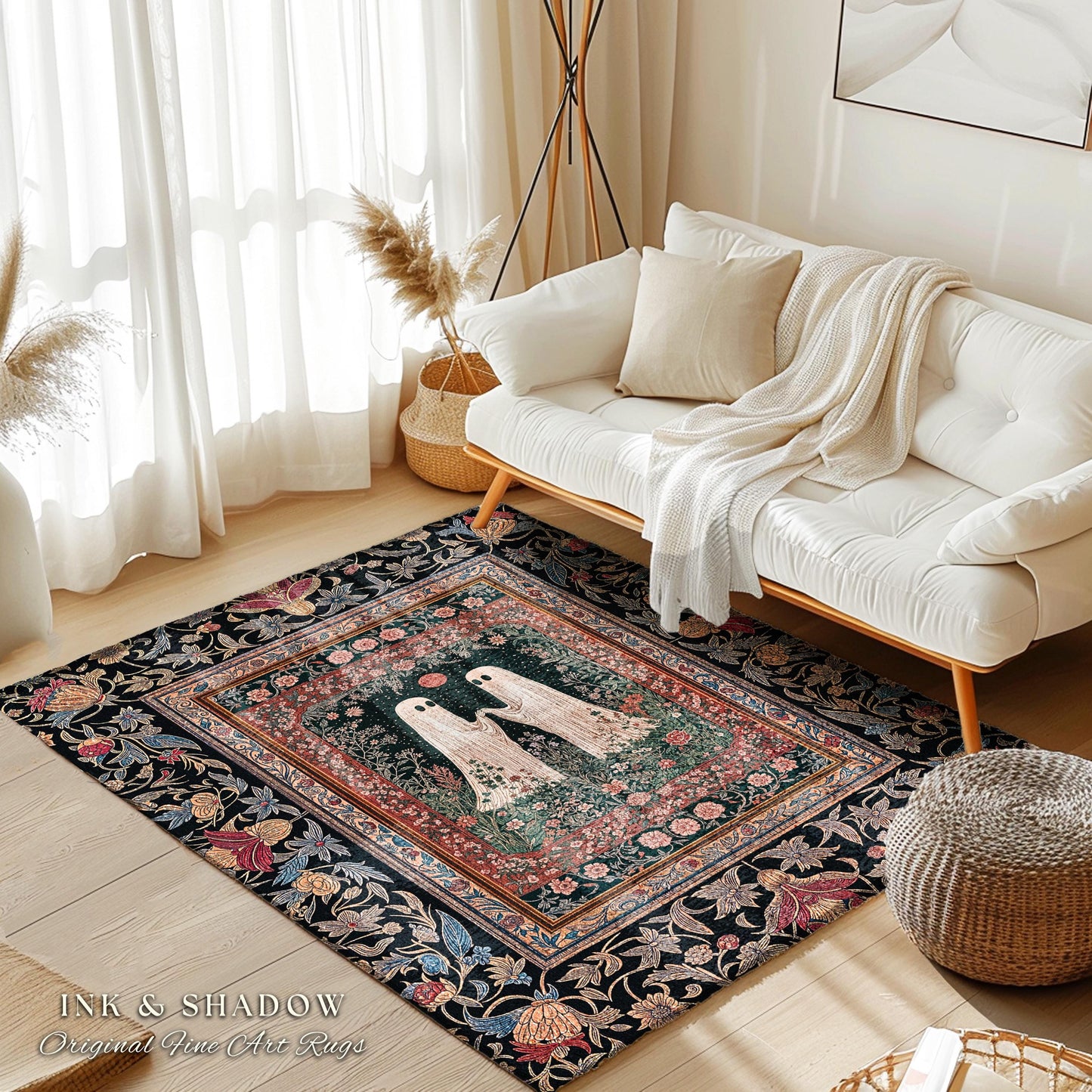 Crimson Moon Witchy Ghost Rug | Gothic Cottagecore Bedroom Decor Spooky Accent Dark Academia Whimsigoth Astrology-Inspired Haunted Aesthetic