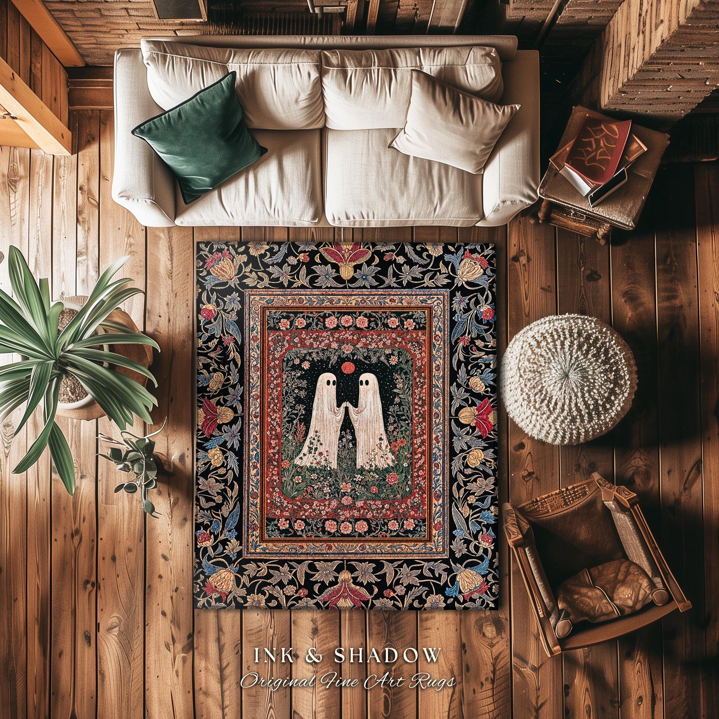Crimson Moon Witchy Ghost Rug | Gothic Cottagecore Bedroom Decor Spooky Accent Dark Academia Whimsigoth Astrology-Inspired Haunted Aesthetic