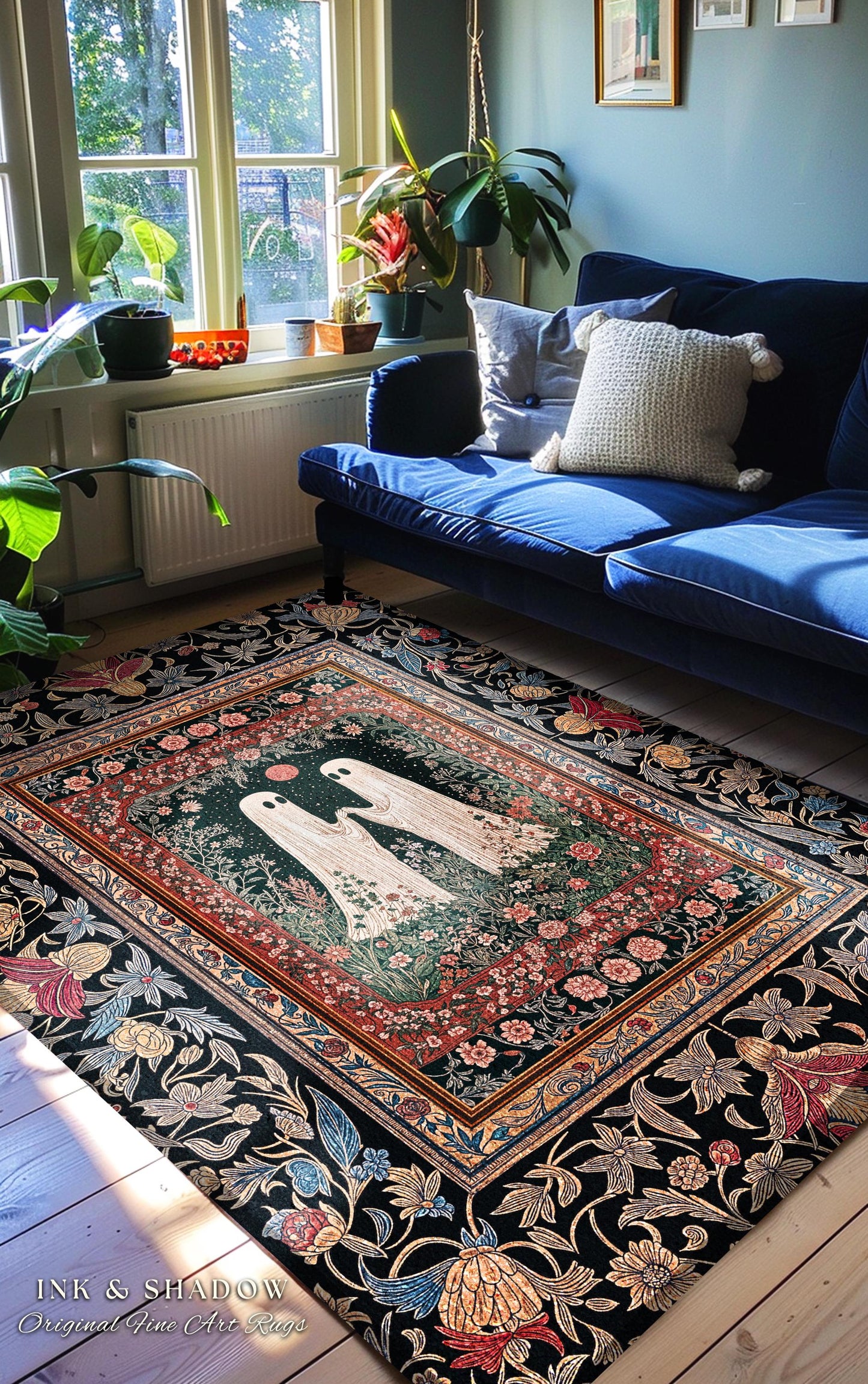Crimson Moon Witchy Ghost Rug | Gothic Cottagecore Bedroom Decor Spooky Accent Dark Academia Whimsigoth Astrology-Inspired Haunted Aesthetic