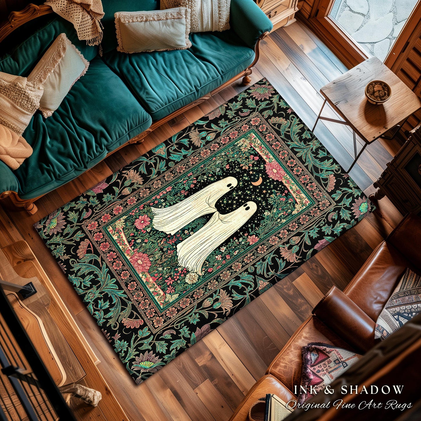 Dreamy Botanical Garden Ghost Rug | Witchy Pastel Cottagecore Bedroom Accent Whimsigoth Decor Cozy Enchanted Celestial Gothic Aesthetic |