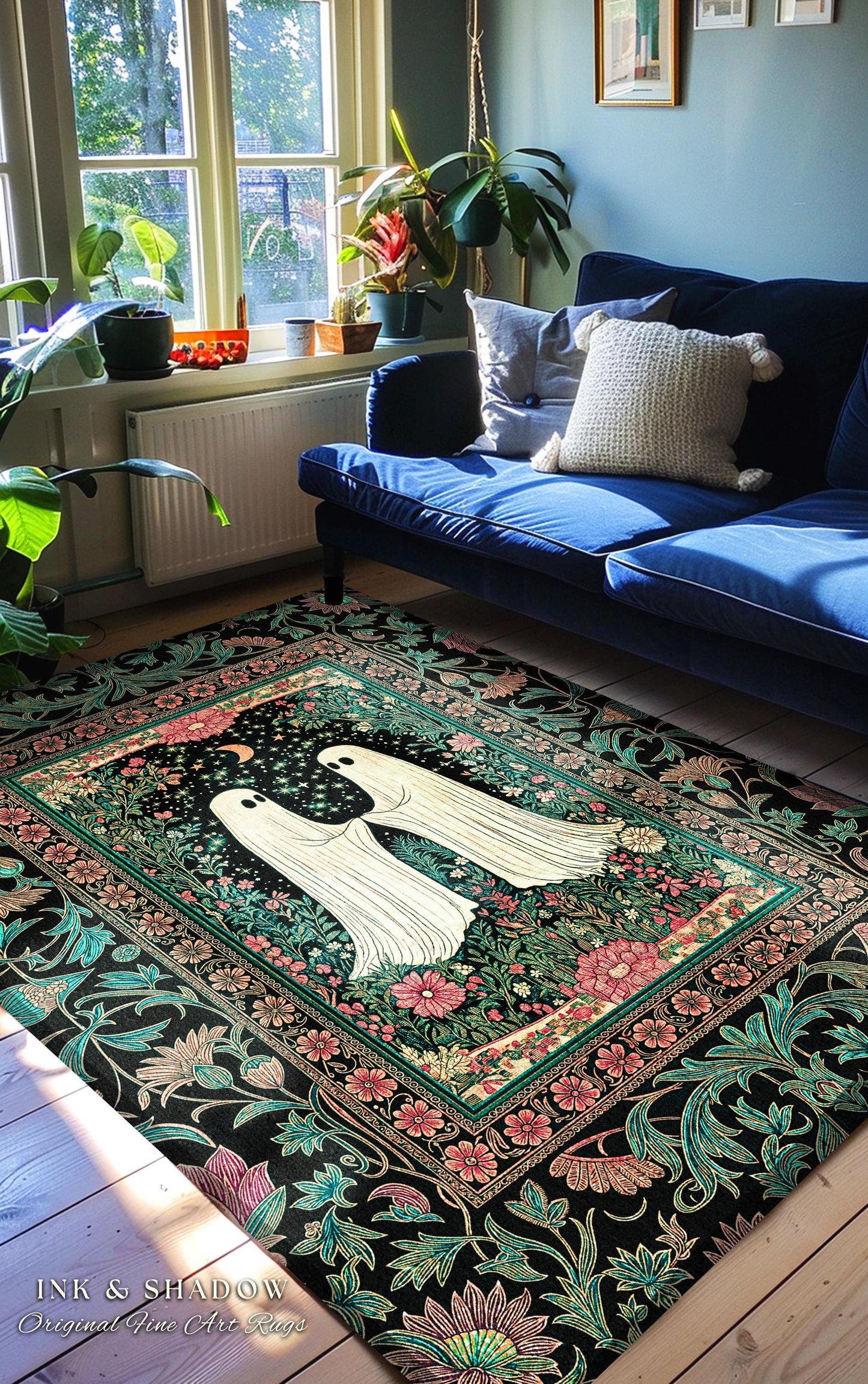 Dreamy Botanical Garden Ghost Rug | Witchy Pastel Cottagecore Bedroom Accent Whimsigoth Decor Cozy Enchanted Celestial Gothic Aesthetic |