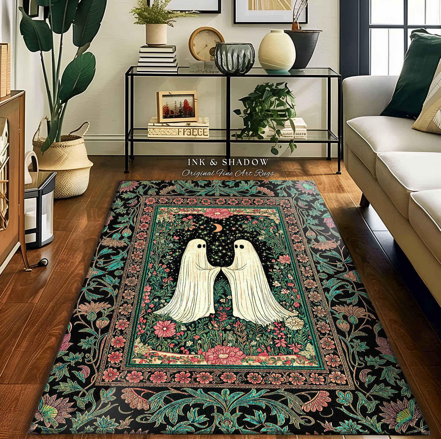 Dreamy Botanical Garden Ghost Rug | Witchy Pastel Cottagecore Bedroom Accent Whimsigoth Decor Cozy Enchanted Celestial Gothic Aesthetic |