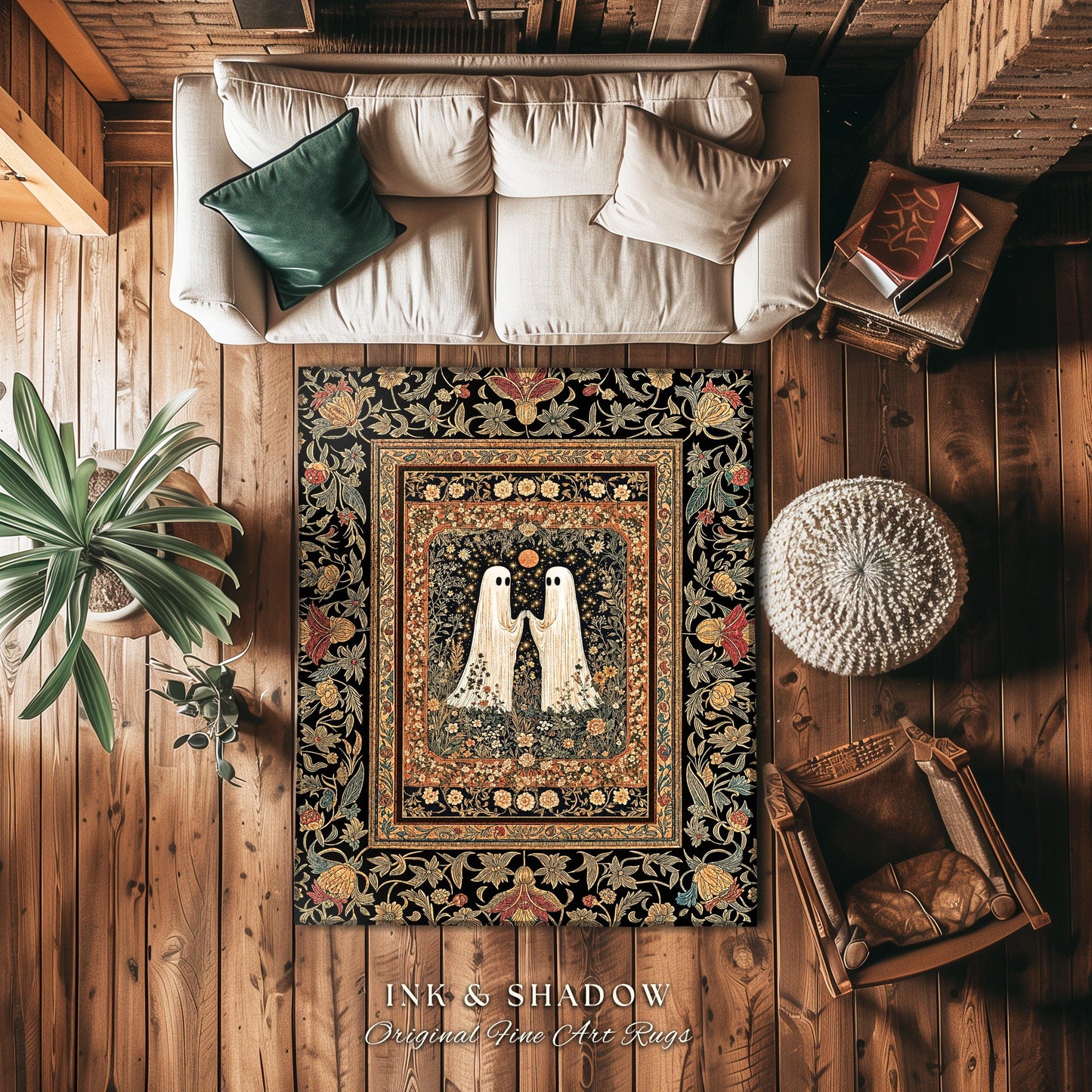 Harvest Moon Floral Ghost Rug | Woodland Halloween Cottagecore Bedroom Decor Whimsigoth Floral Accent Cozy Celestial Spirit Enchanted Gothic
