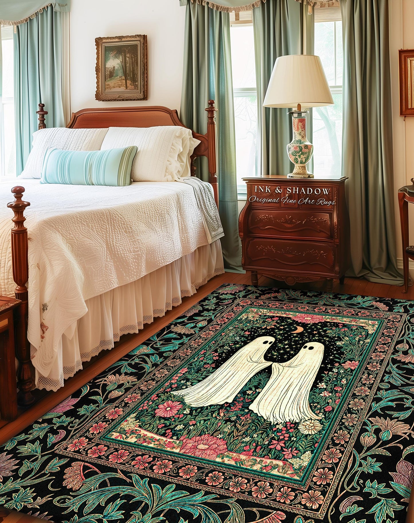 Dreamy Botanical Garden Ghost Rug | Witchy Pastel Cottagecore Bedroom Accent Whimsigoth Decor Cozy Enchanted Celestial Gothic Aesthetic |