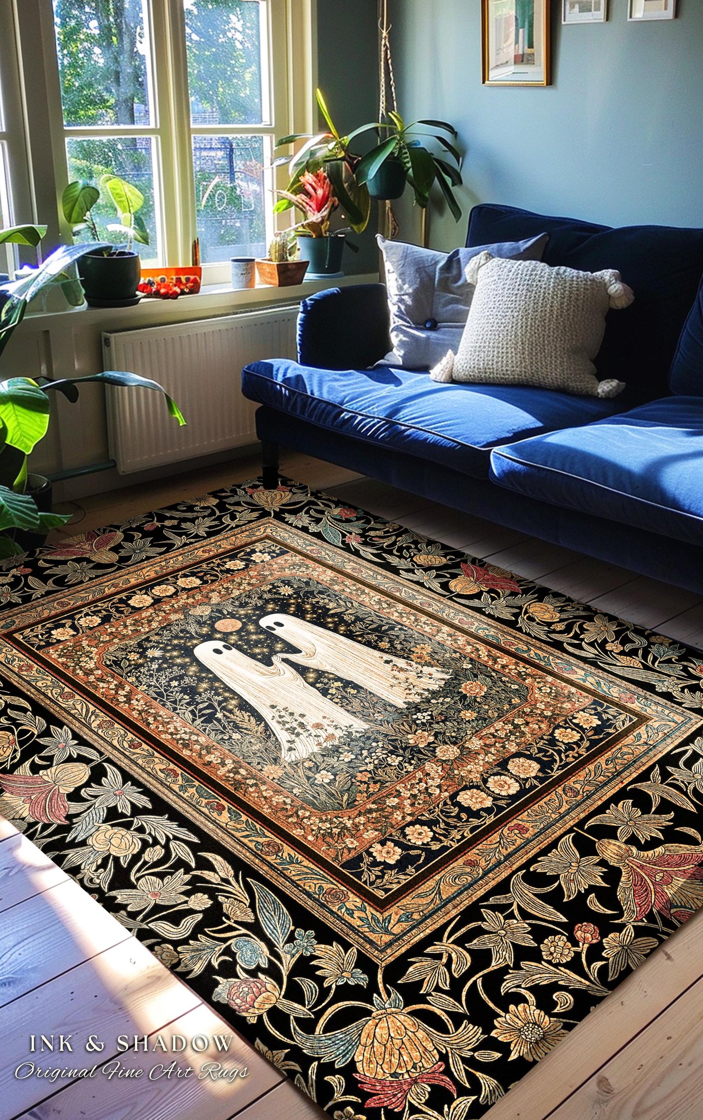 Harvest Moon Floral Ghost Rug | Woodland Halloween Cottagecore Bedroom Decor Whimsigoth Floral Accent Cozy Celestial Spirit Enchanted Gothic