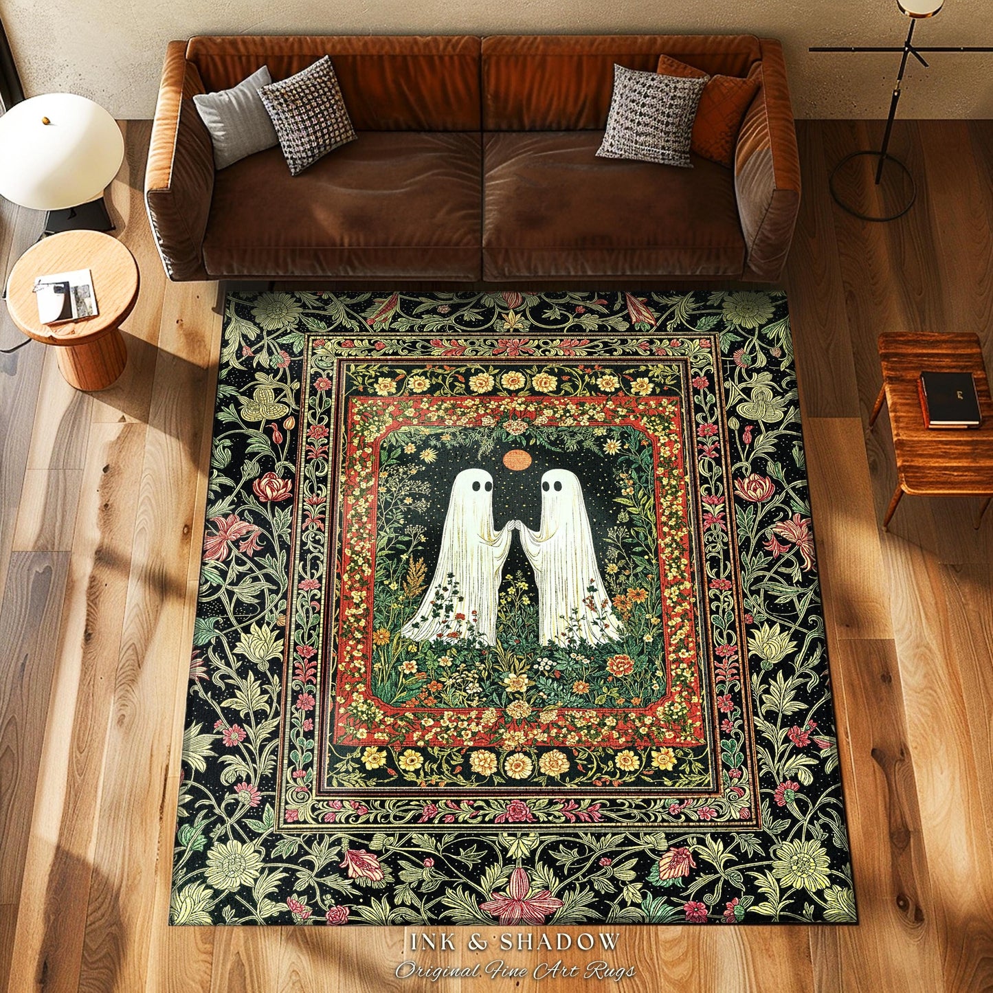 Baroque Haunted Garden Ghost Rug | Elegant Halloween Dark Cottagecore Bedroom Accent Whimsigoth Haunted Cozy Spirit Floral Enchantment Boho