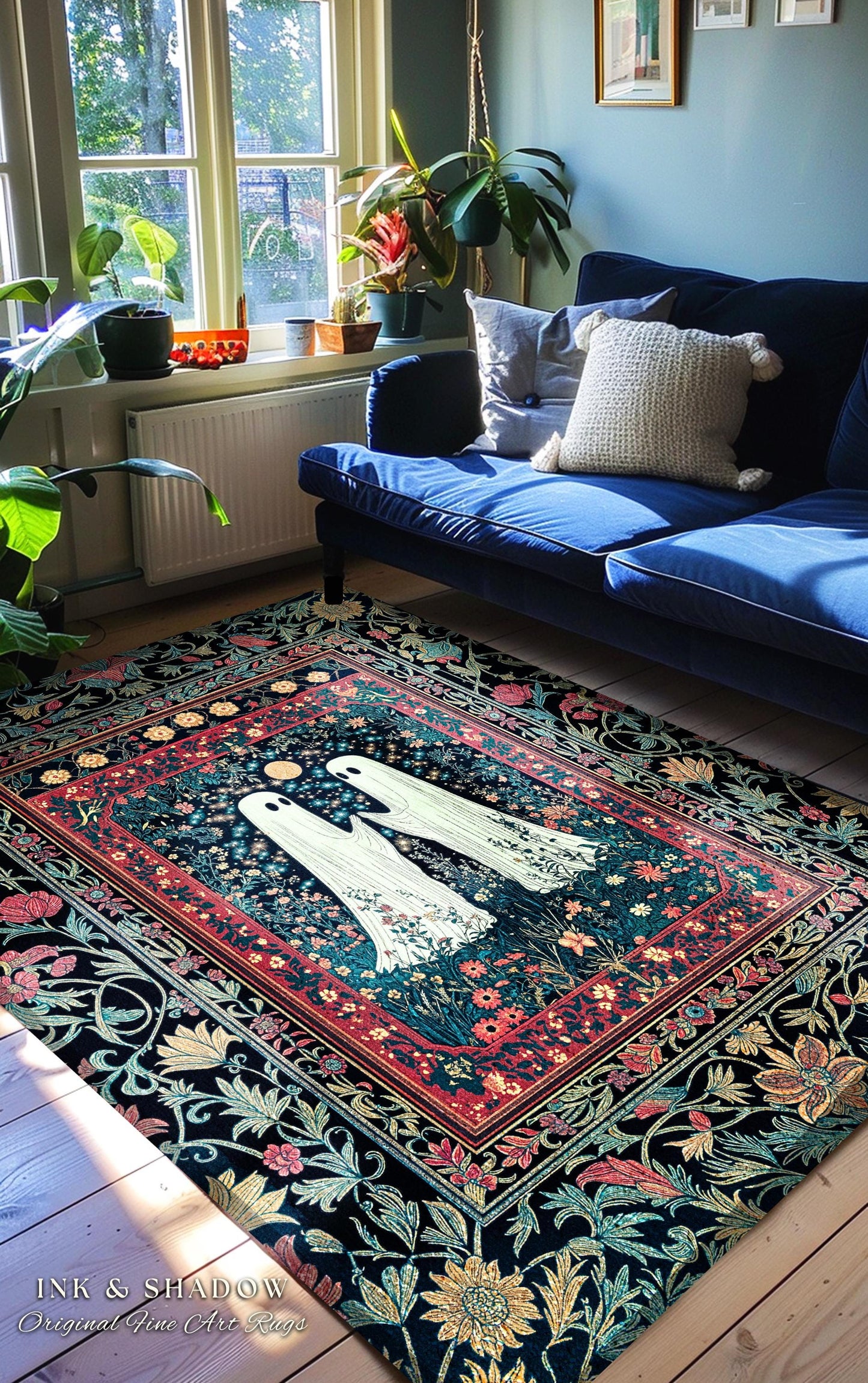 Maximalist Gothic Ghost Area Rug | Moody Whimsigoth Bedroom Decor Cozy Halloween Accent Celestial Floral Gothic Haunted Spirit Enchanted Rug