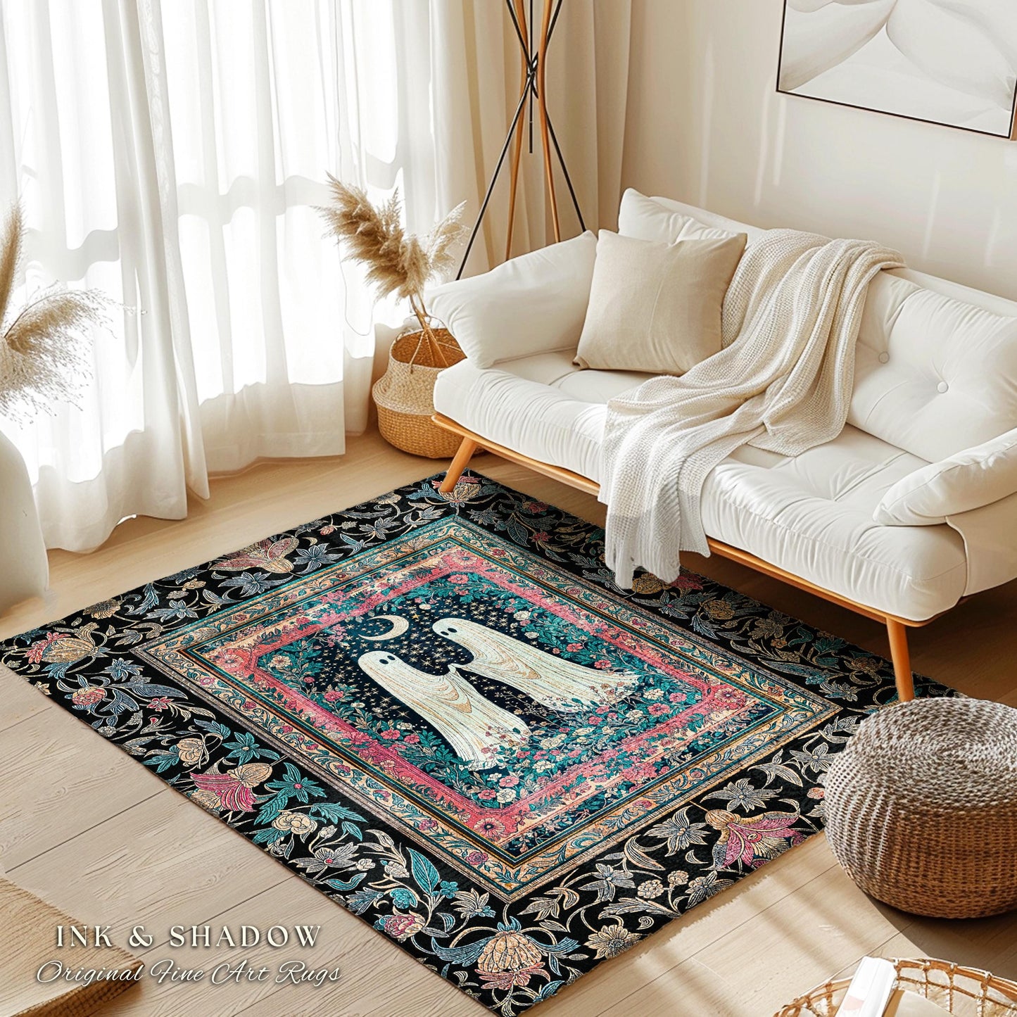 Retro Pastels Floral Ghost Accent Rug | Whimsigoth Halloween Bedroom Decor Dark Cottagecore Celestial Spirit Haunted Enchanted Cozy Gothic |