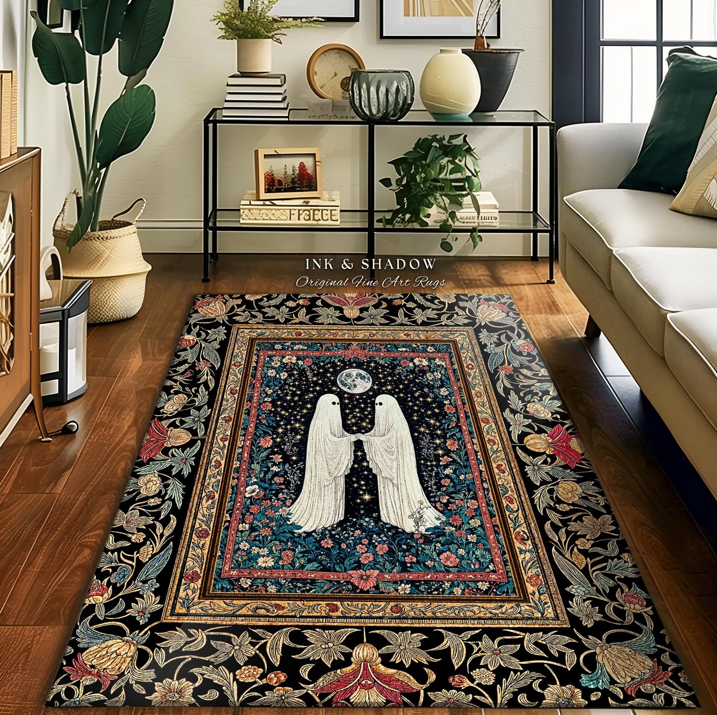 Haunted Rose Garden Area Rug | Folklore Aesthetic Ghost Couple Cottagecore Bedroom Accent Celestial Decor Whimsigoth Cozy Enchanted Home