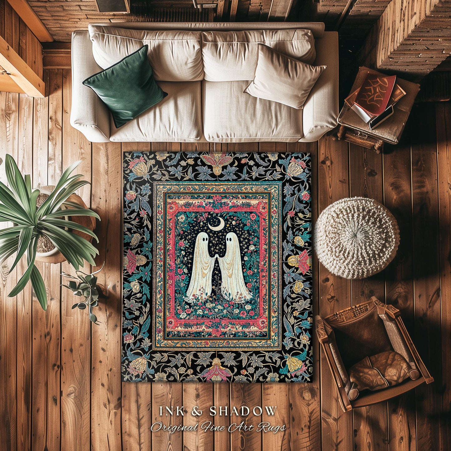 Retro Pastels Floral Ghost Accent Rug | Whimsigoth Halloween Bedroom Decor Dark Cottagecore Celestial Spirit Haunted Enchanted Cozy Gothic |