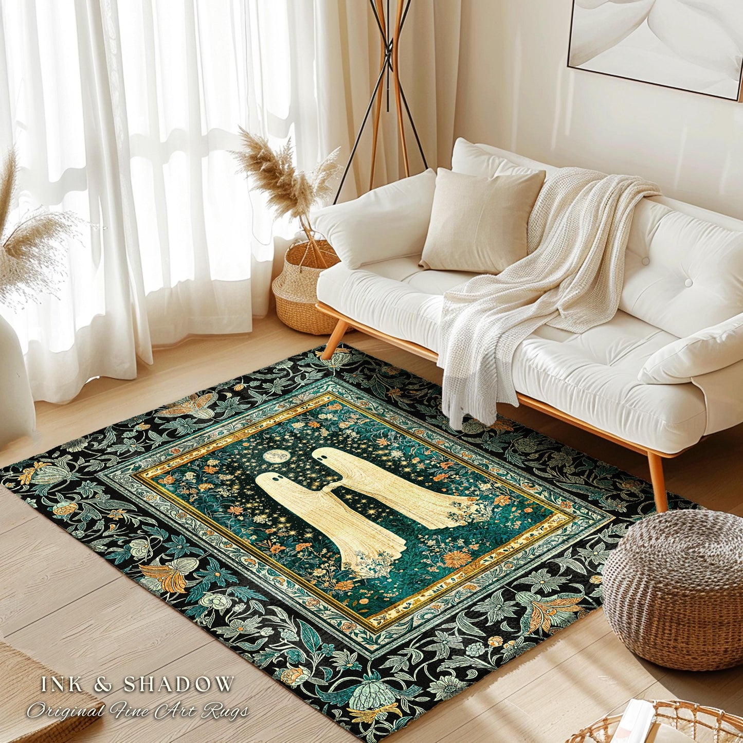 Autumn Aesthetic Cute Ghost Rug | Whimsical Scandinavian Halloween Decor Dark Cottagecore Haunted Home Accent Celestial Enchanted Style |