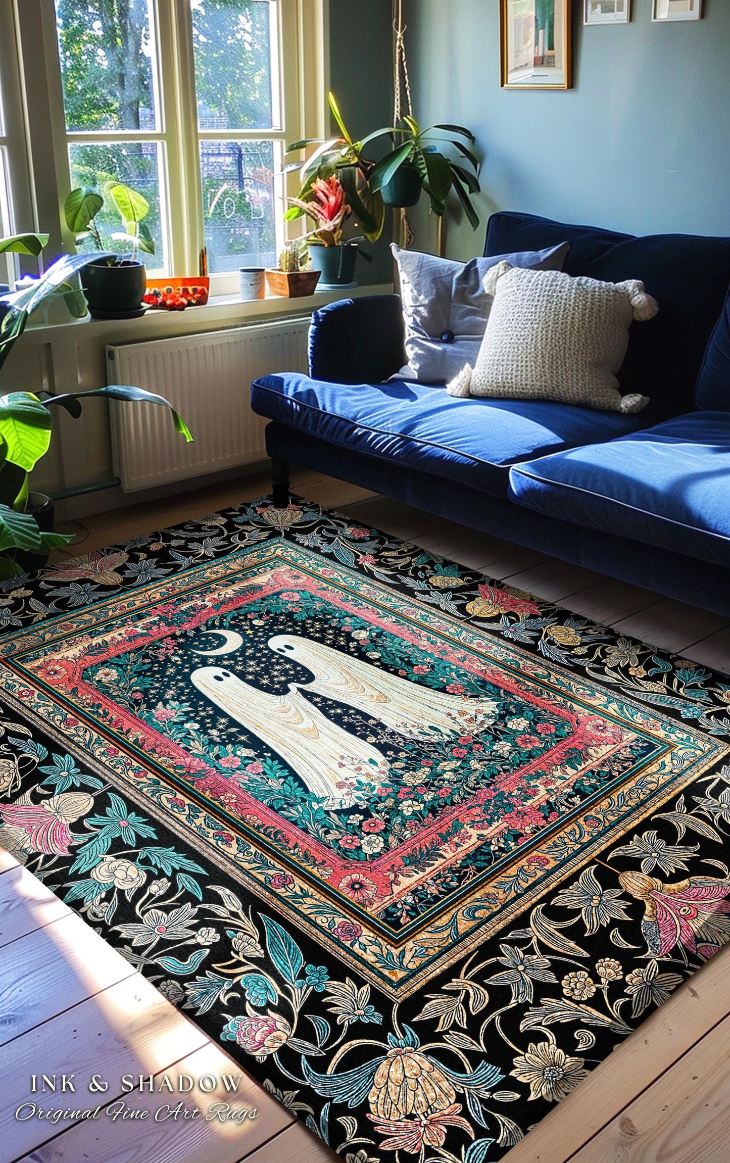 Retro Pastels Floral Ghost Accent Rug | Whimsigoth Halloween Bedroom Decor Dark Cottagecore Celestial Spirit Haunted Enchanted Cozy Gothic |