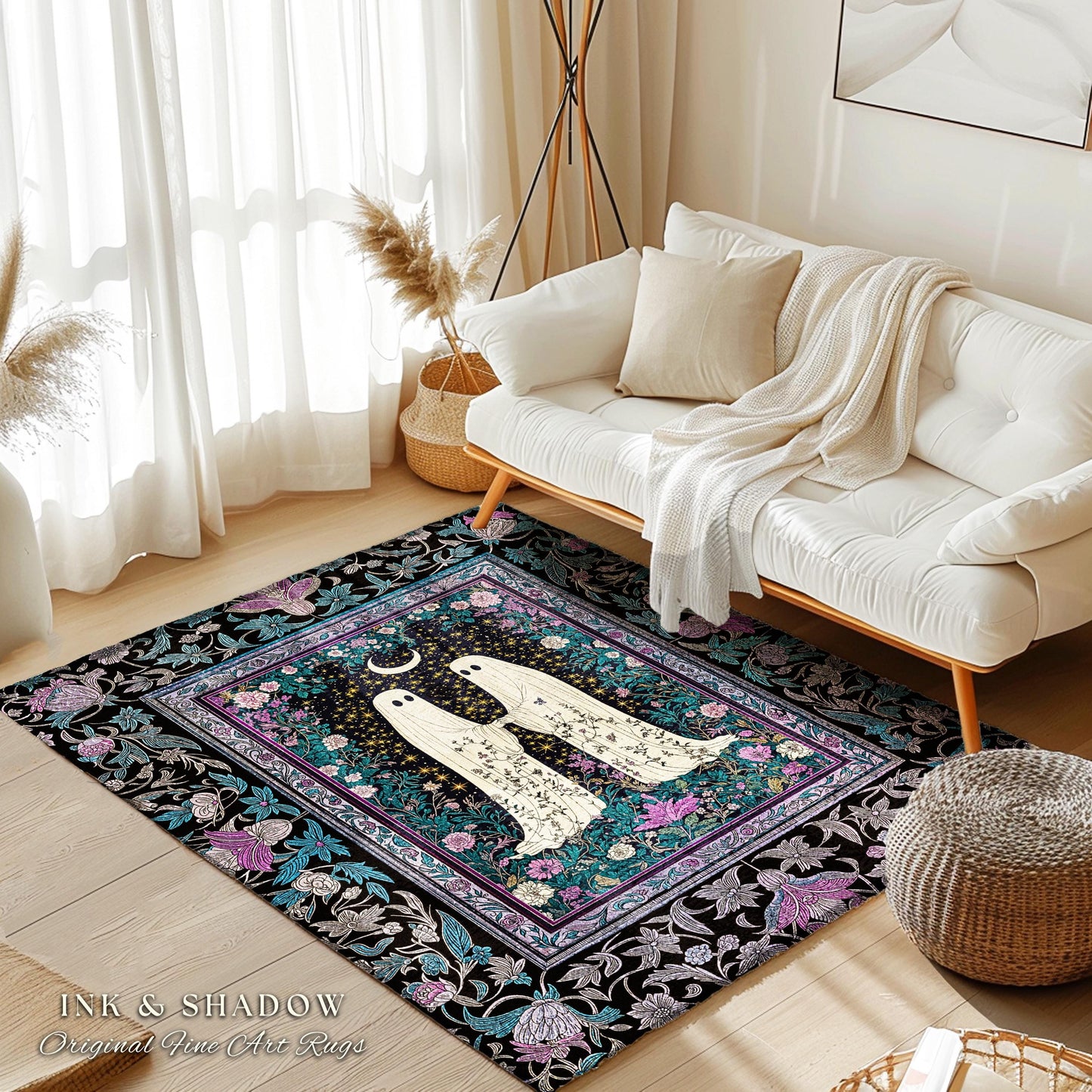 Dark Moody Floral Ghost Area Rug | Whimsigoth Witchy Halloween Bedroom Decor Celestial Cottagecore Spirit Haunted Accent Dark Academia Style