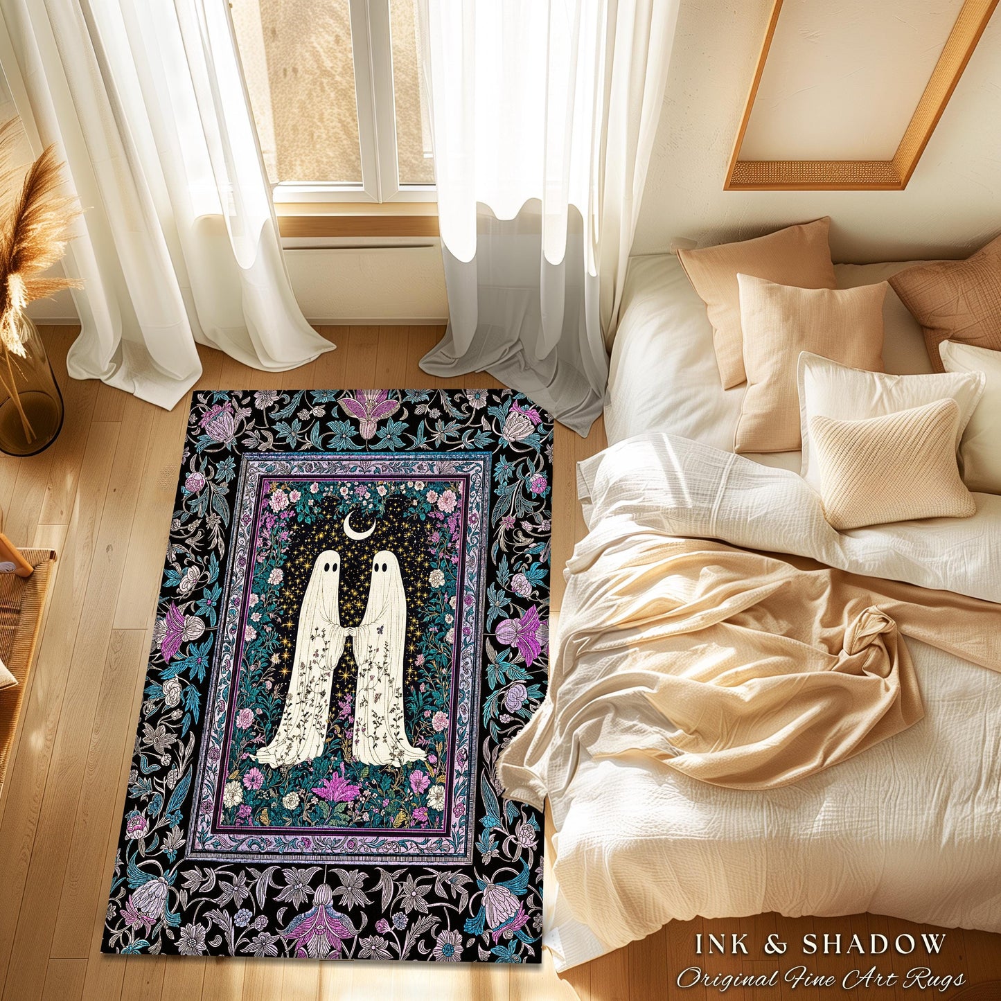 Dark Moody Floral Ghost Area Rug | Whimsigoth Witchy Halloween Bedroom Decor Celestial Cottagecore Spirit Haunted Accent Dark Academia Style