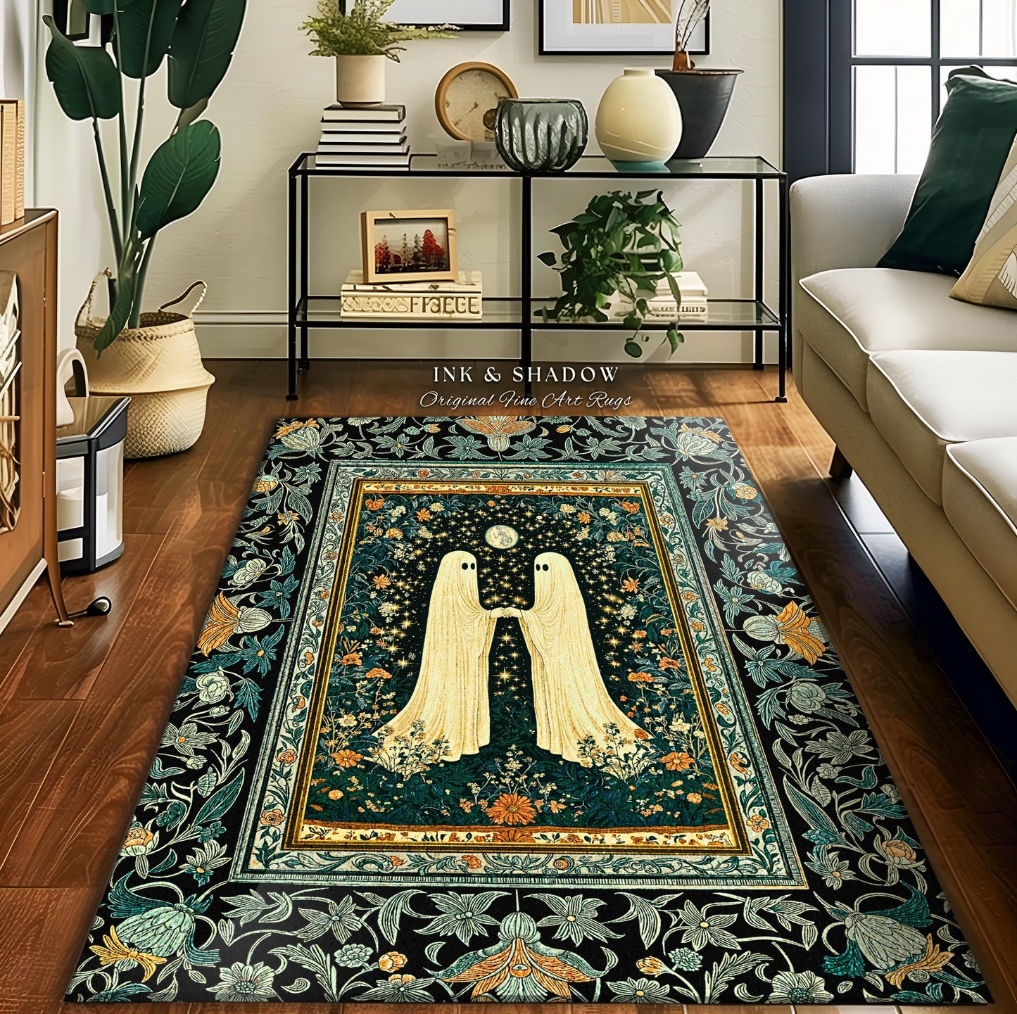 Autumn Aesthetic Cute Ghost Rug | Whimsical Scandinavian Halloween Decor Dark Cottagecore Haunted Home Accent Celestial Enchanted Style |
