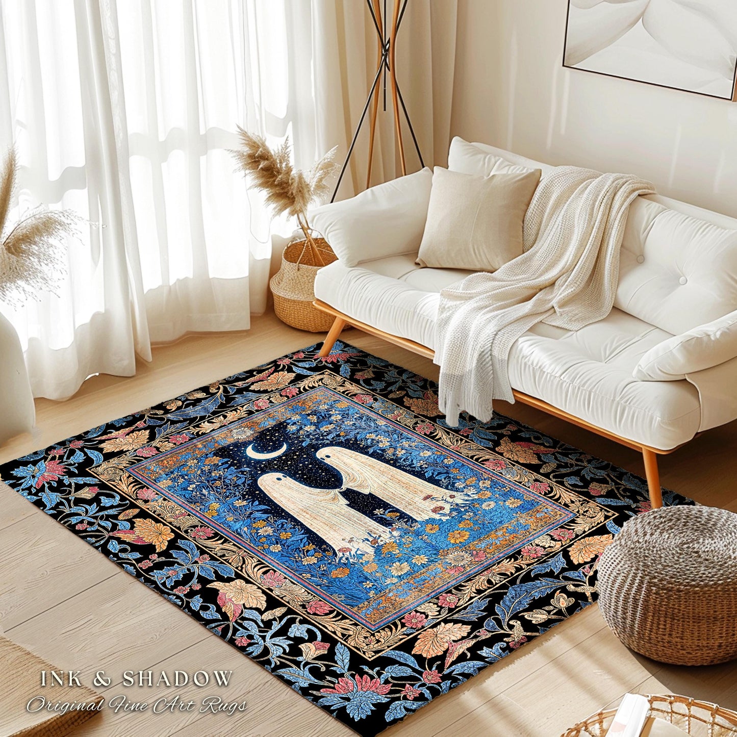 Dreamy Floral Spirits Area Rug | Moody Celestial Cottagecore Bedroom Accent Floral Halloween Ghost Decor Whimsigoth Ornate Gothic Enchanted