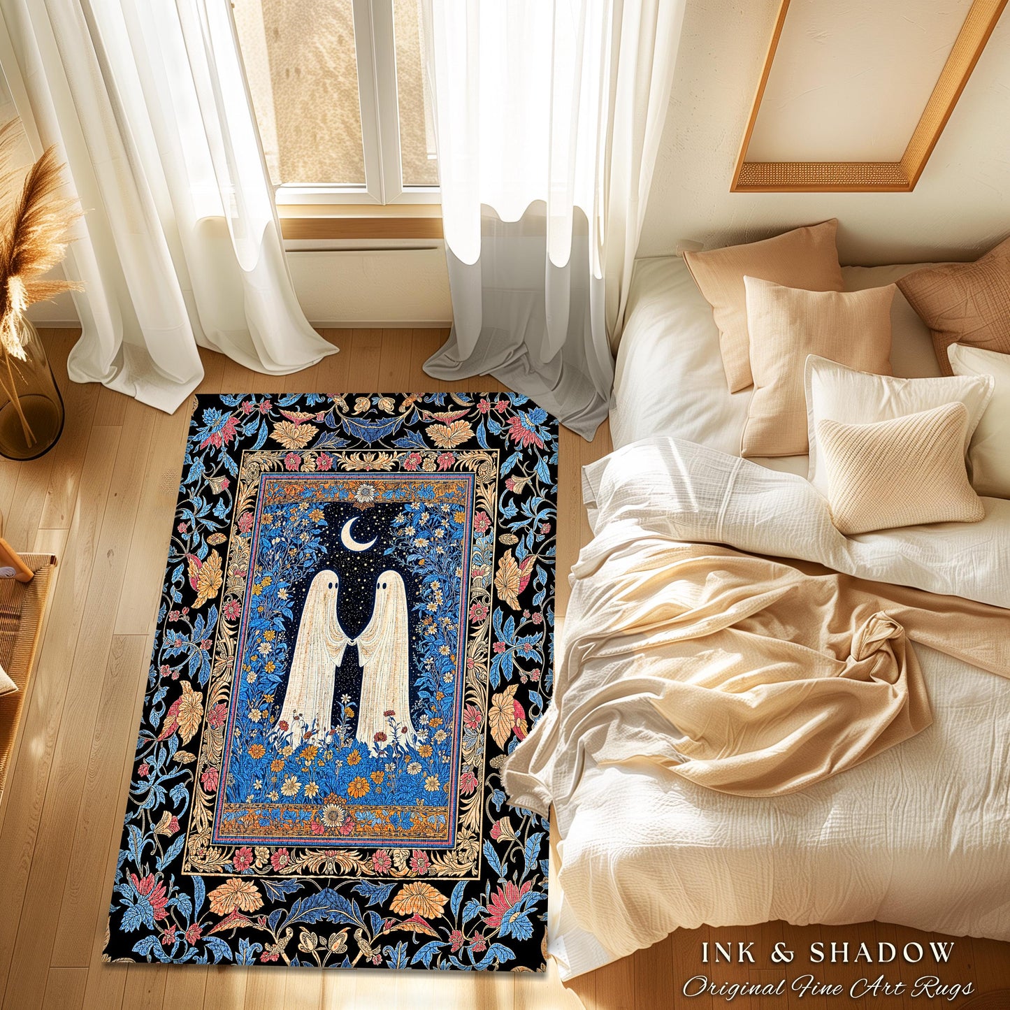 Dreamy Floral Spirits Area Rug | Moody Celestial Cottagecore Bedroom Accent Floral Halloween Ghost Decor Whimsigoth Ornate Gothic Enchanted