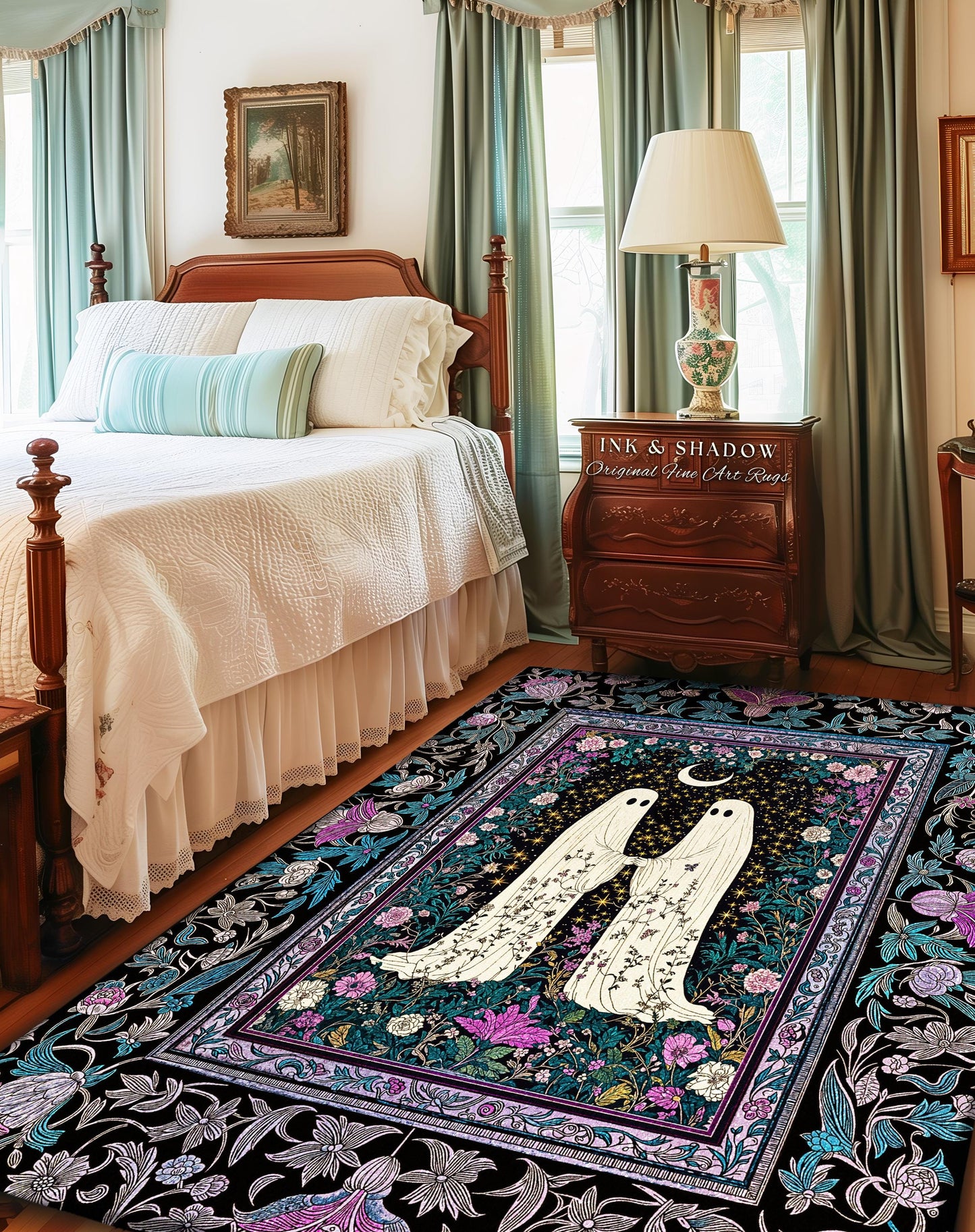 Dark Moody Floral Ghost Area Rug | Whimsigoth Witchy Halloween Bedroom Decor Celestial Cottagecore Spirit Haunted Accent Dark Academia Style