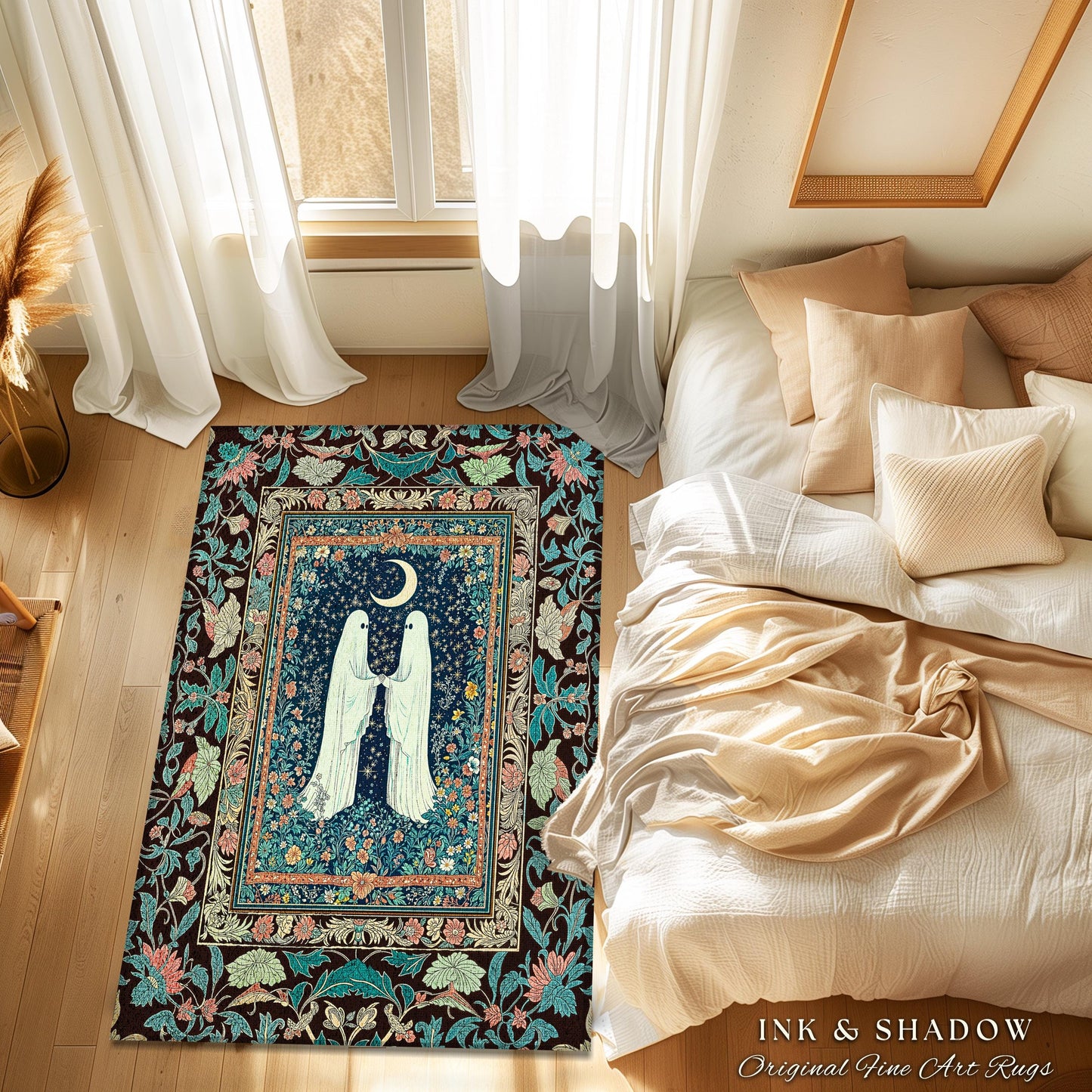 Secret Garden Ghost Lovers Rug | Cozy Cottagecore Bedroom Accent Floral Halloween Decor Celestial Whimsigoth Gothic Enchanted Moody Home |