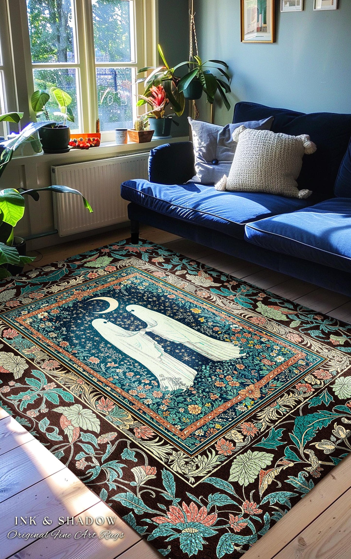 Secret Garden Ghost Lovers Rug | Cozy Cottagecore Bedroom Accent Floral Halloween Decor Celestial Whimsigoth Gothic Enchanted Moody Home |