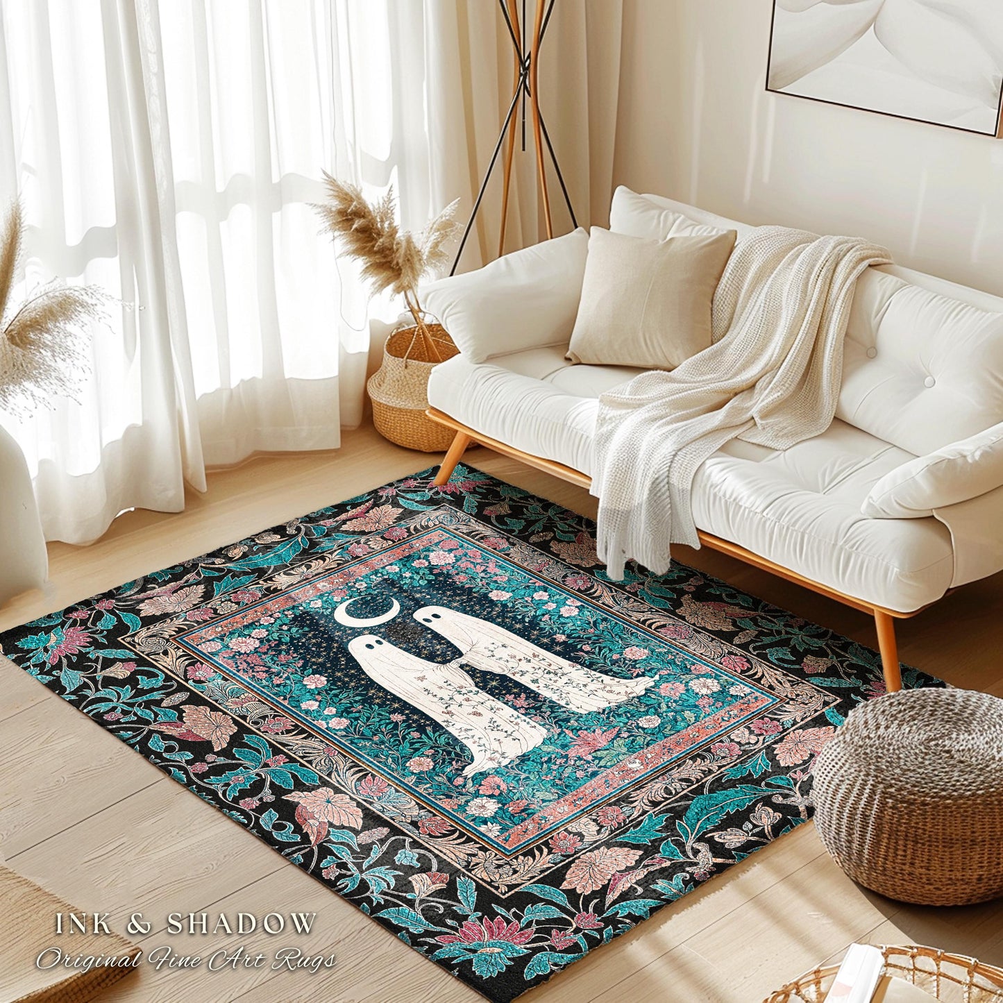 Jewel Toned Botanical Ghost Rug | Dark Cottagecore Halloween Bedroom Decor Celestial Accent Whimsigoth Spirit Gothic Starry Cozy Aesthetic |