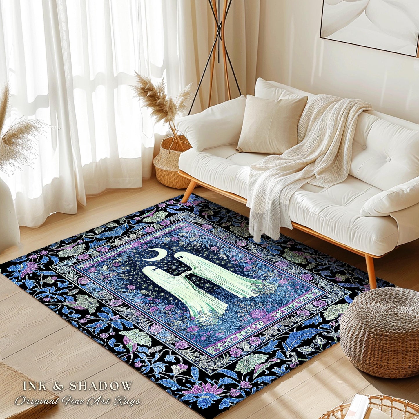 Indigo Lavender Ghost Accent Rug | Cottagecore Celestial Bedroom Decor Whimsigoth Spirits Cozy Retro Halloween Enchanted Night Gothic Style